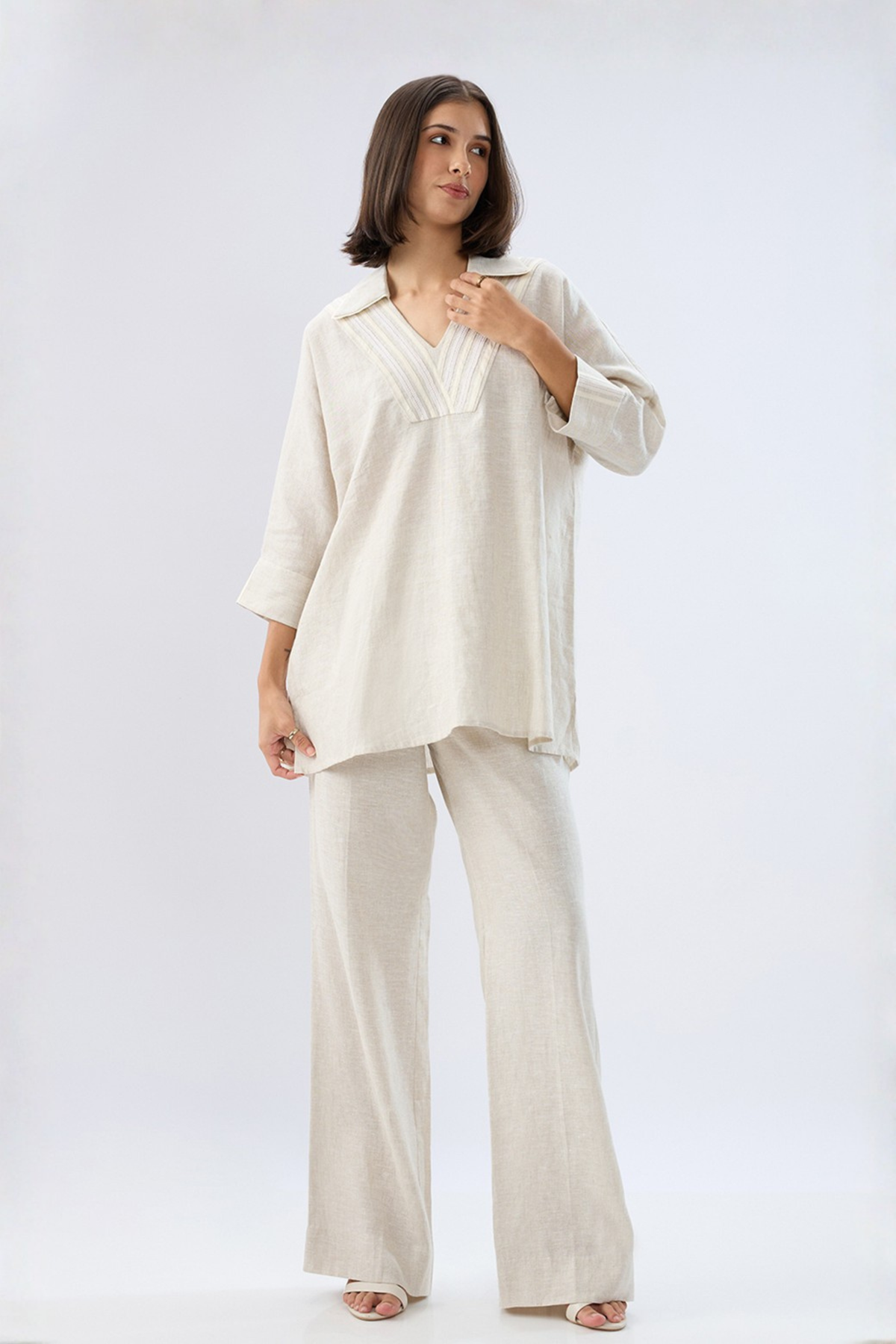 Beige V-neck Co-ord Set