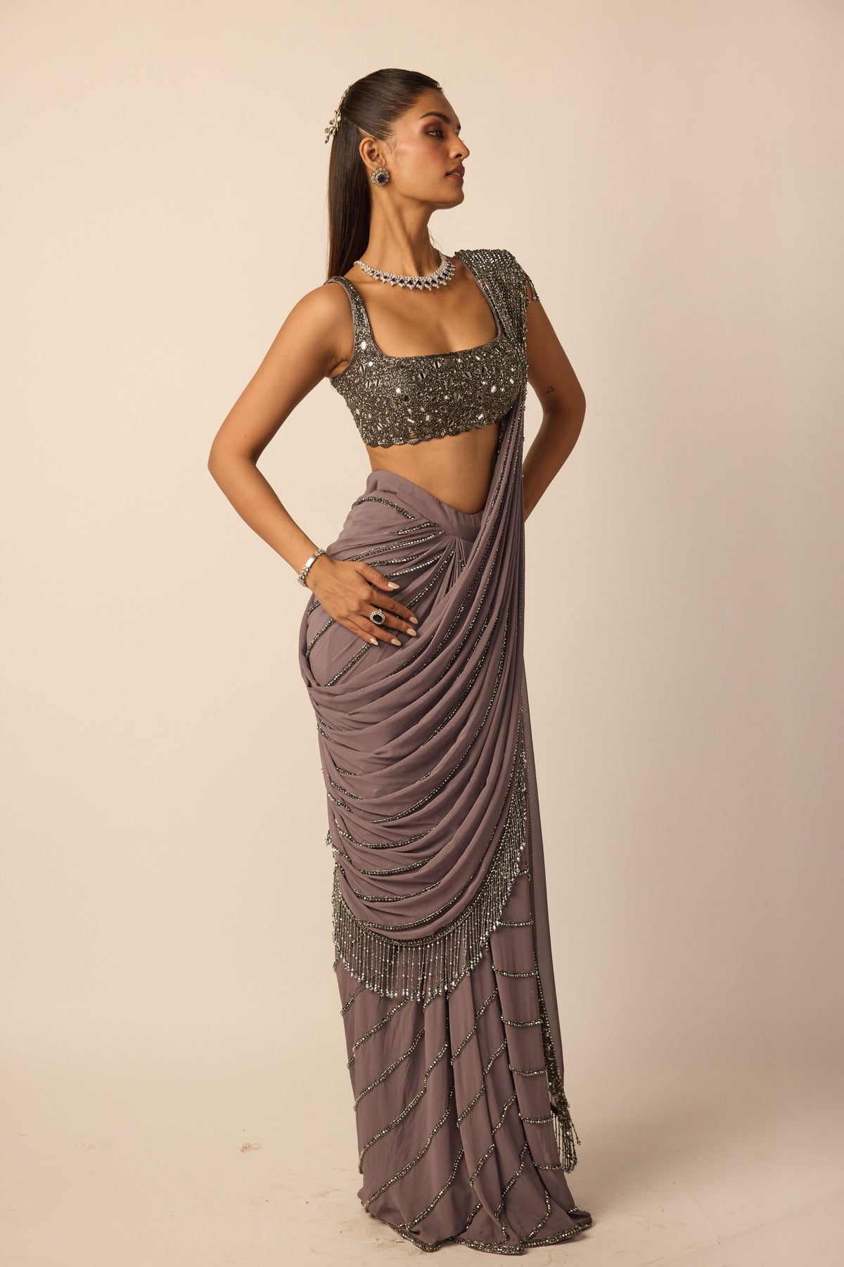 Metallic Grey Linear Draped Saree