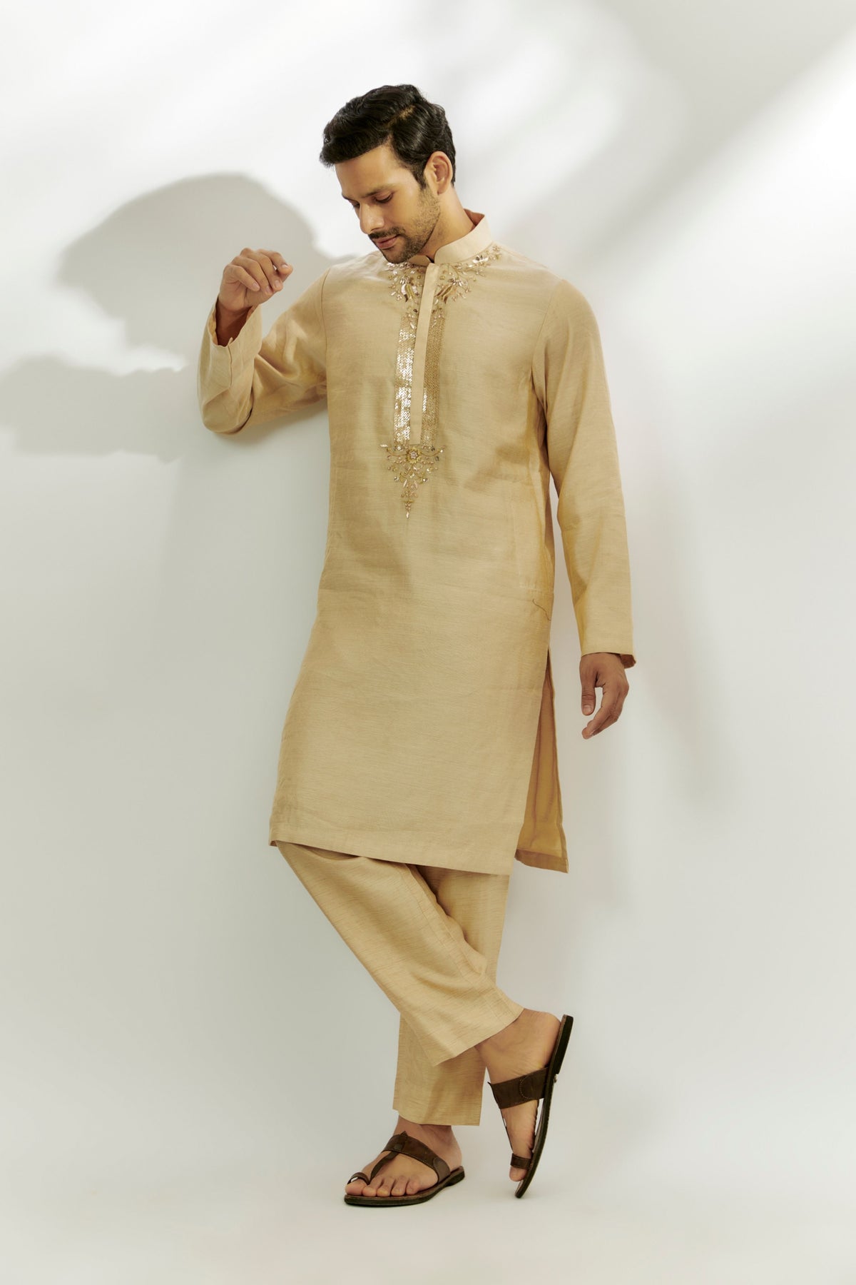 Beige Chanderi Tissue Embroidered Kurta Set