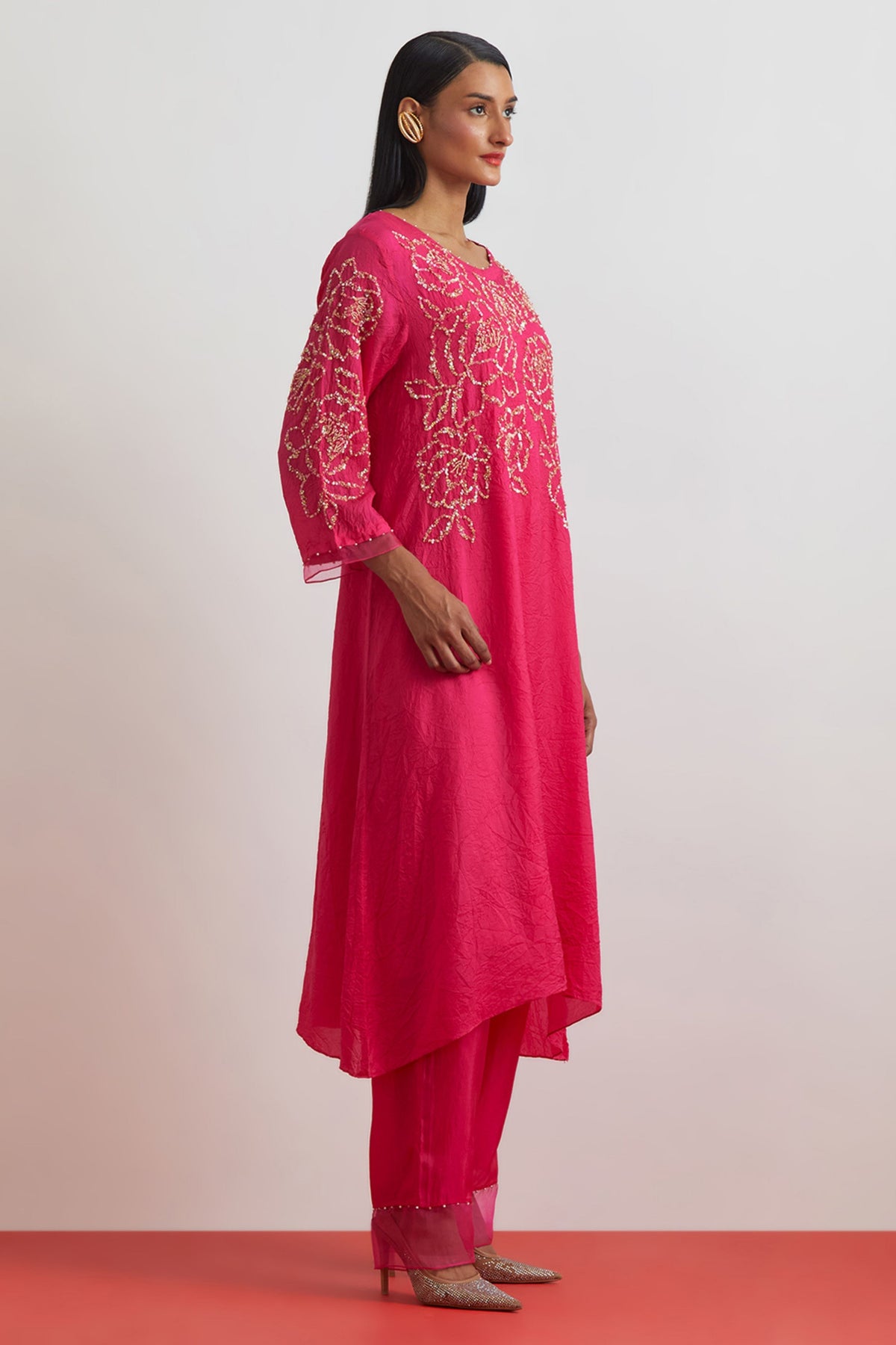 Hot Pink Floral Encrusted Kurta Set