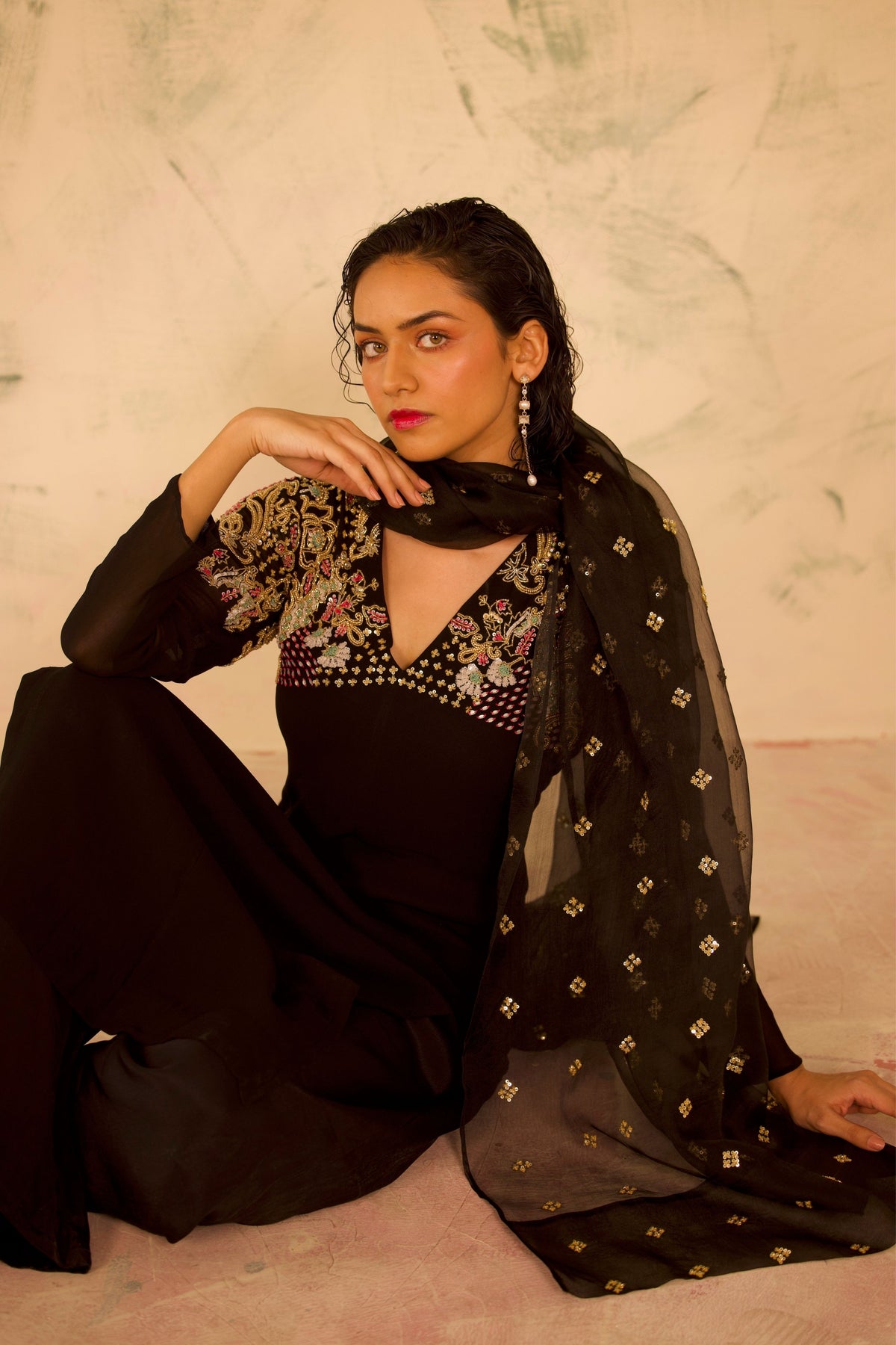 V Neck Black Organza Set