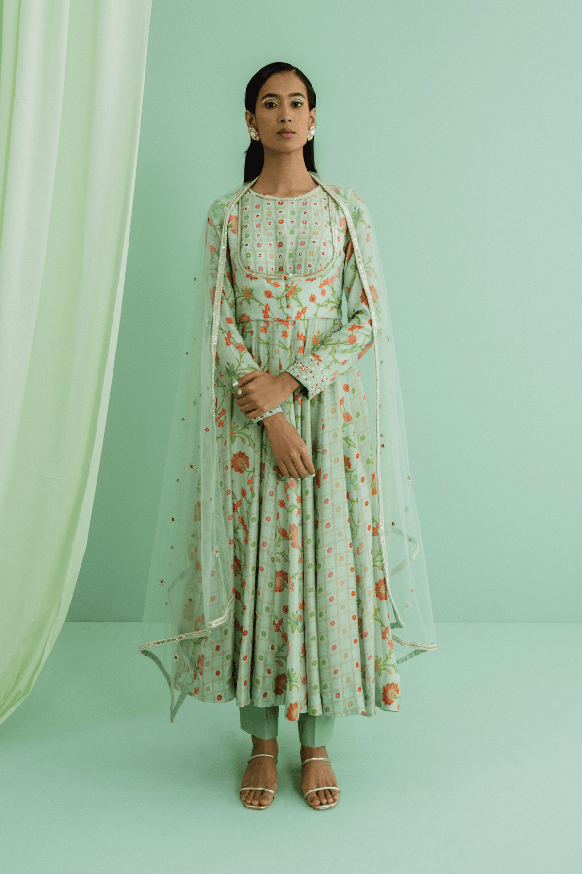 Green Mix Print Yoke Anarkali Set