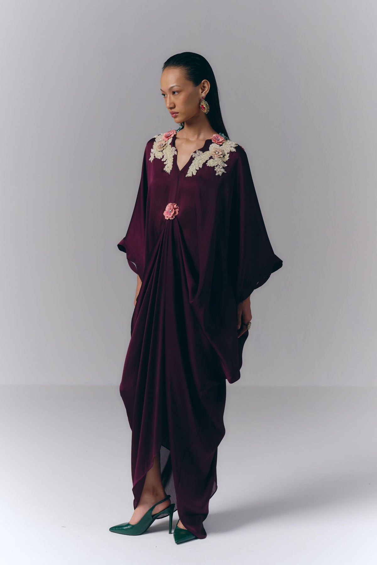 Purple Embroidered Draped Kaftan