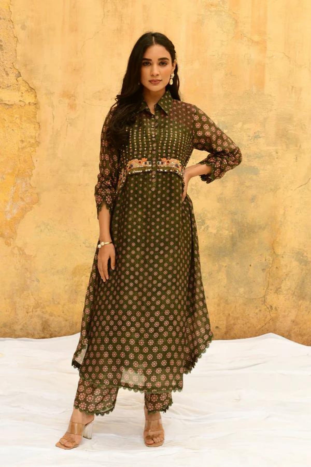 Green Cascade Collar Kurta Set