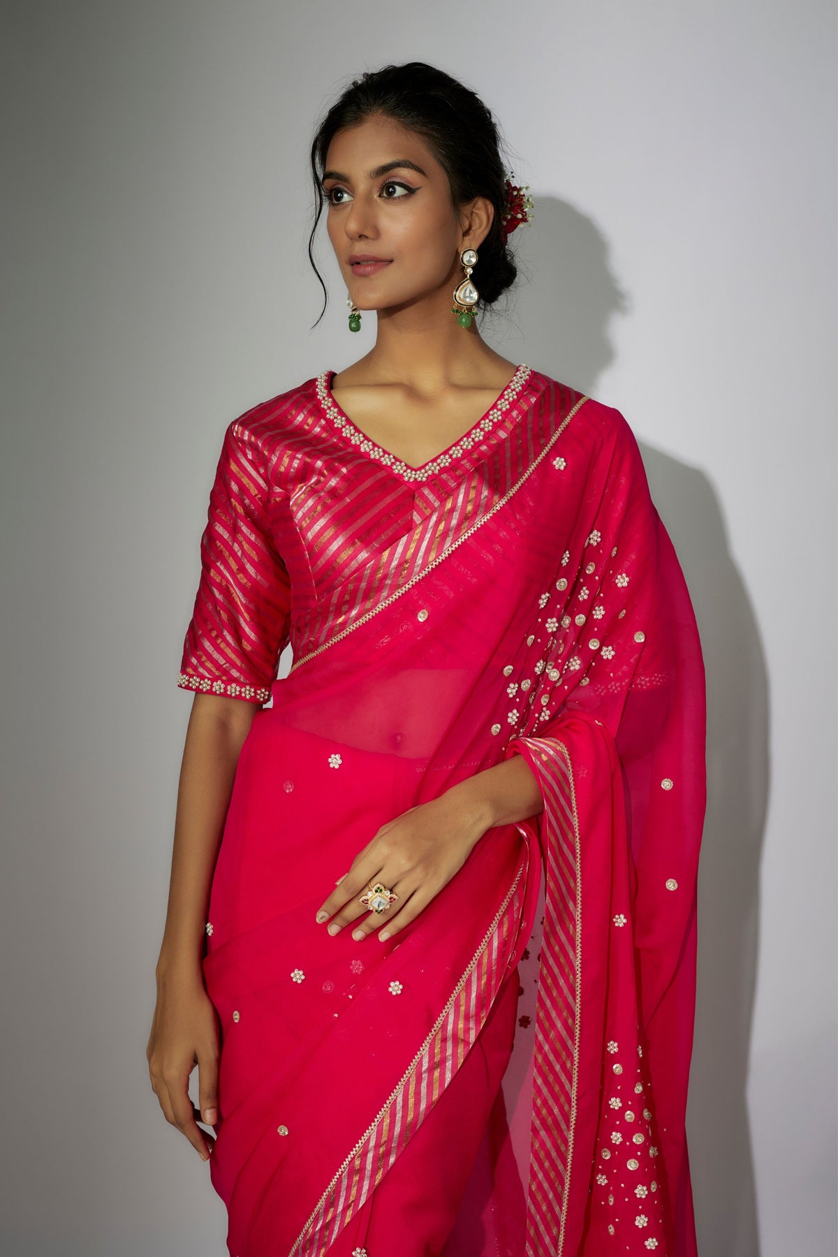 Hot Pink Embroidered Saree Set