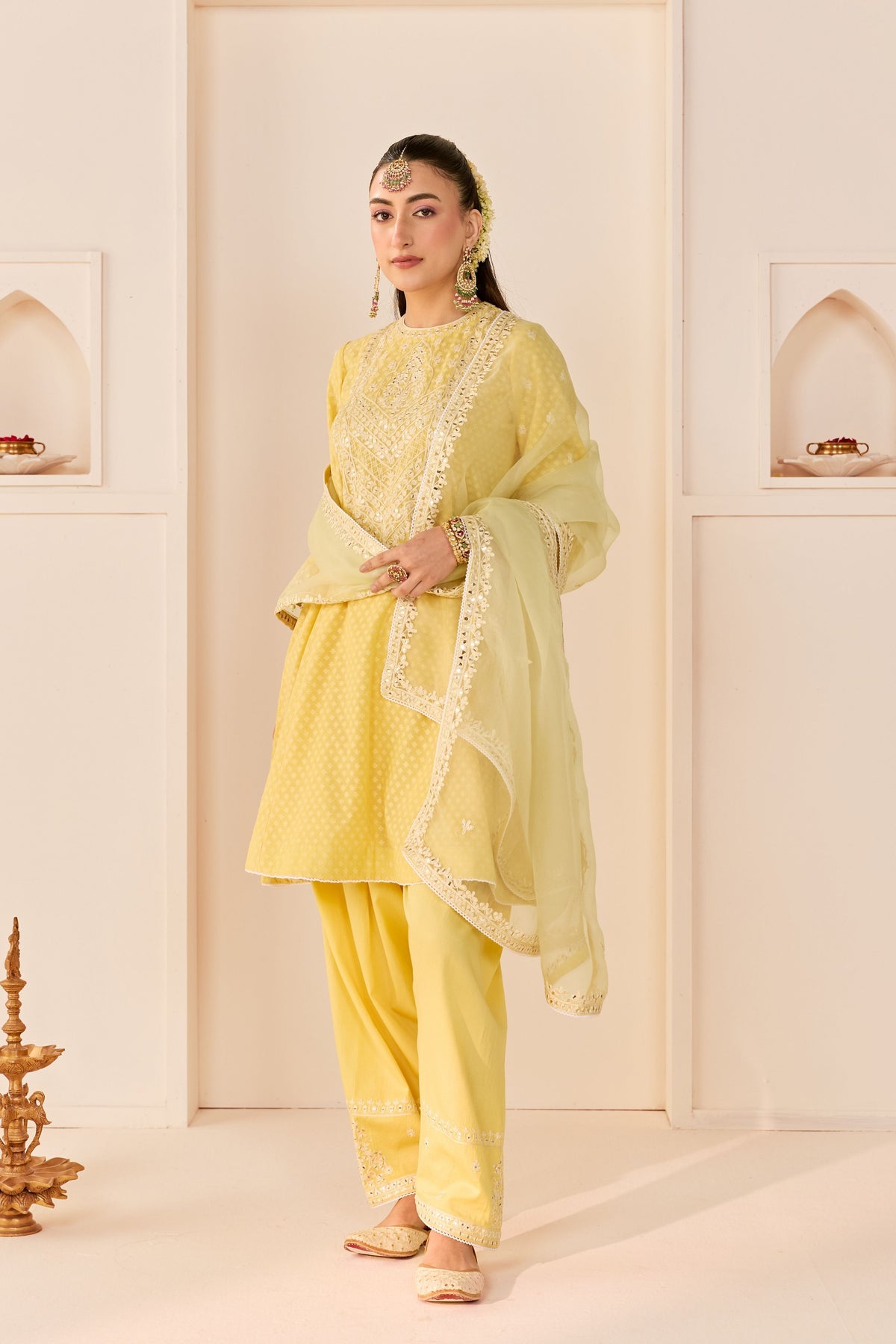 Nida Lemon Yellow Short Choga Set