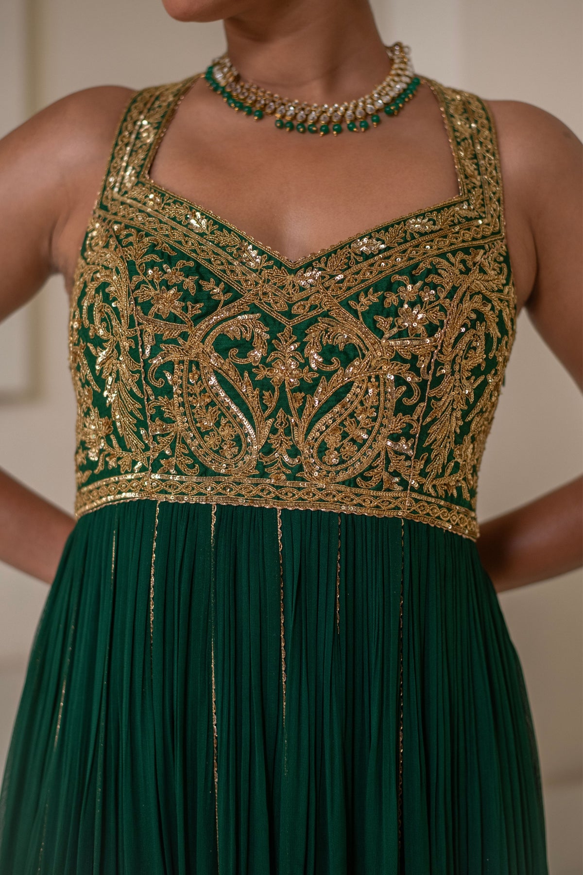 Emerald Green Sleeveless Embellished  Anarkali