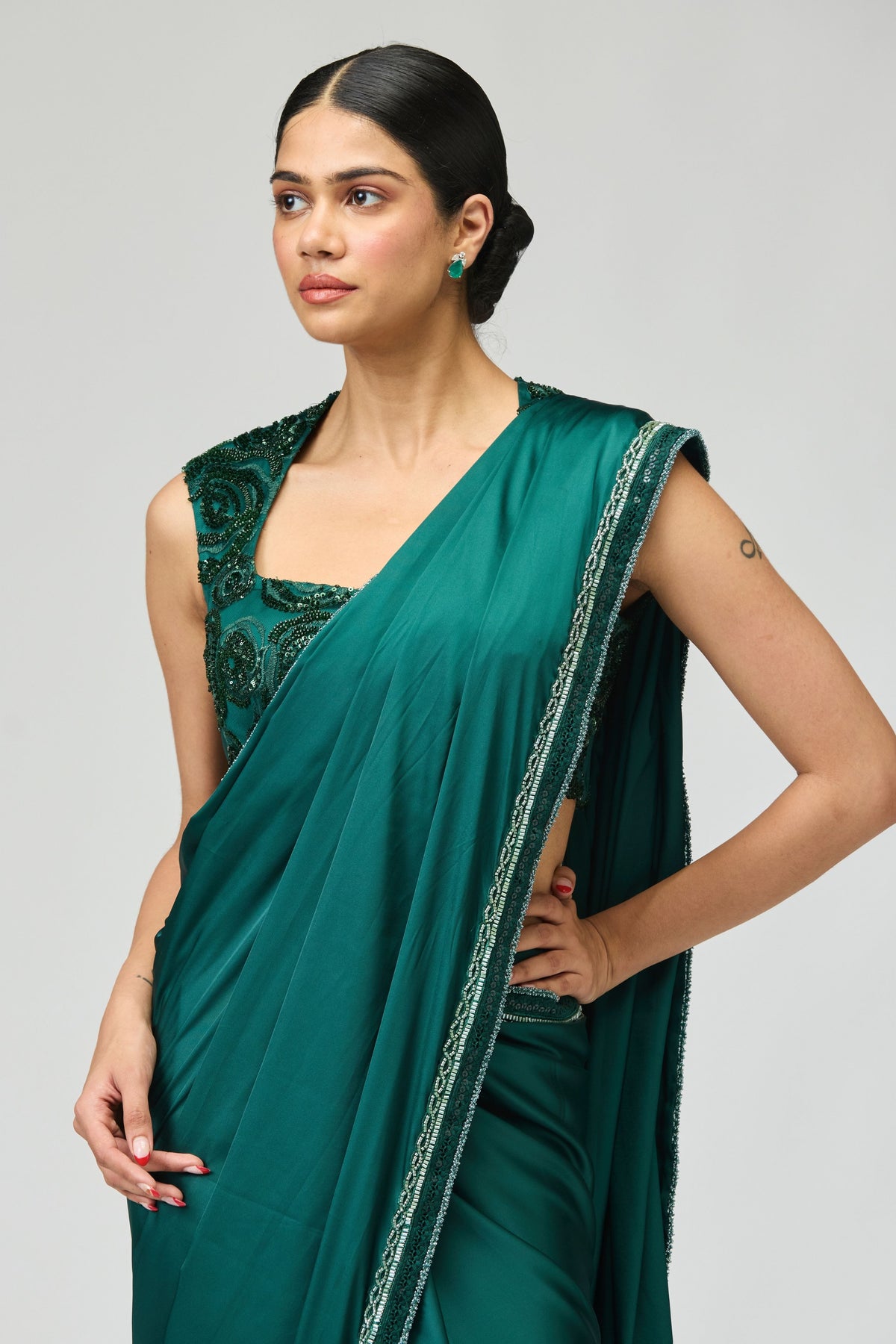Green Satin Saree Set