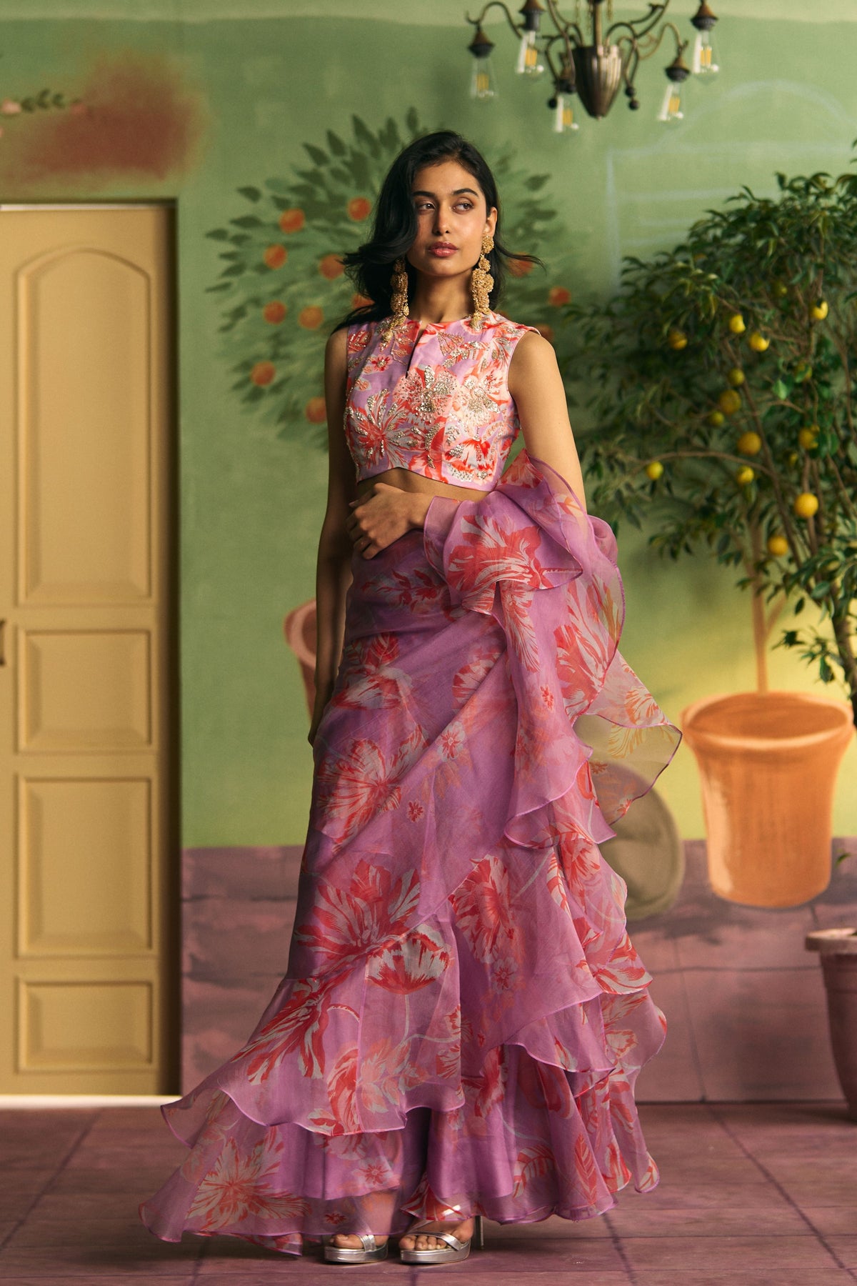 Lavender Ruffle Draped Saree Set