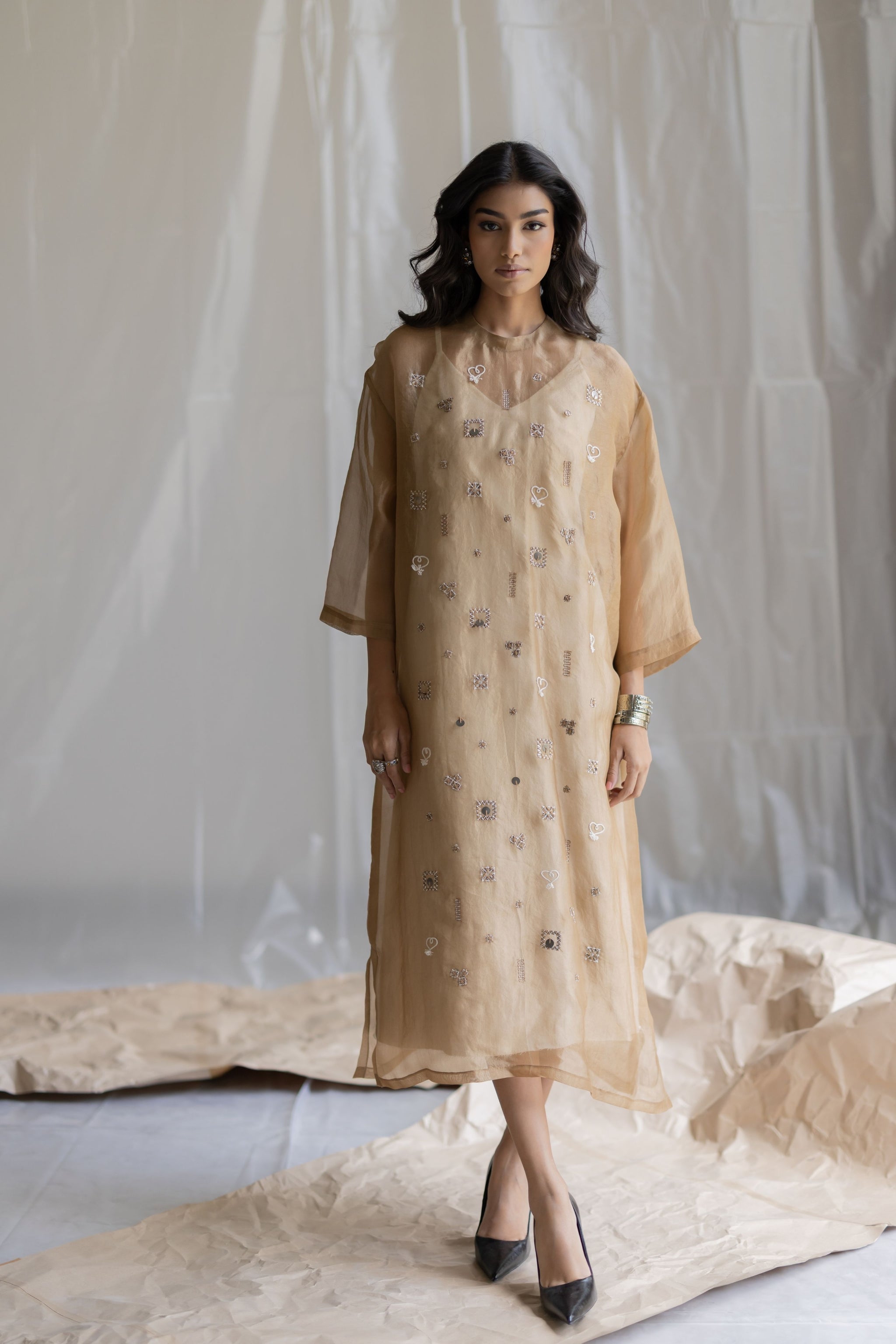 beige organza dress Women's Farlay A-line Pleated Sleeved Organza Maxi Dress XS/S/M/L/XL Beige MEAN BLVD XL / Beige