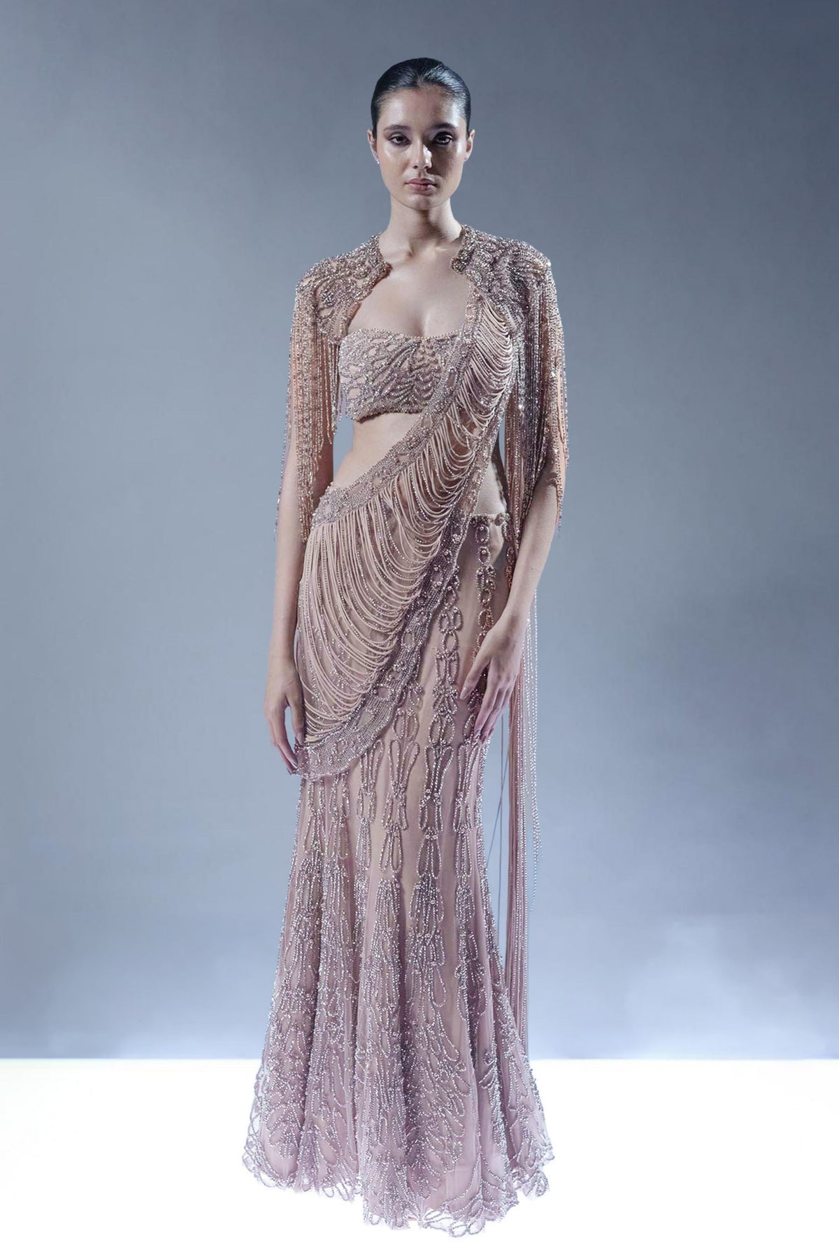 Blush Rose Embellished Drape Saree with Cape
