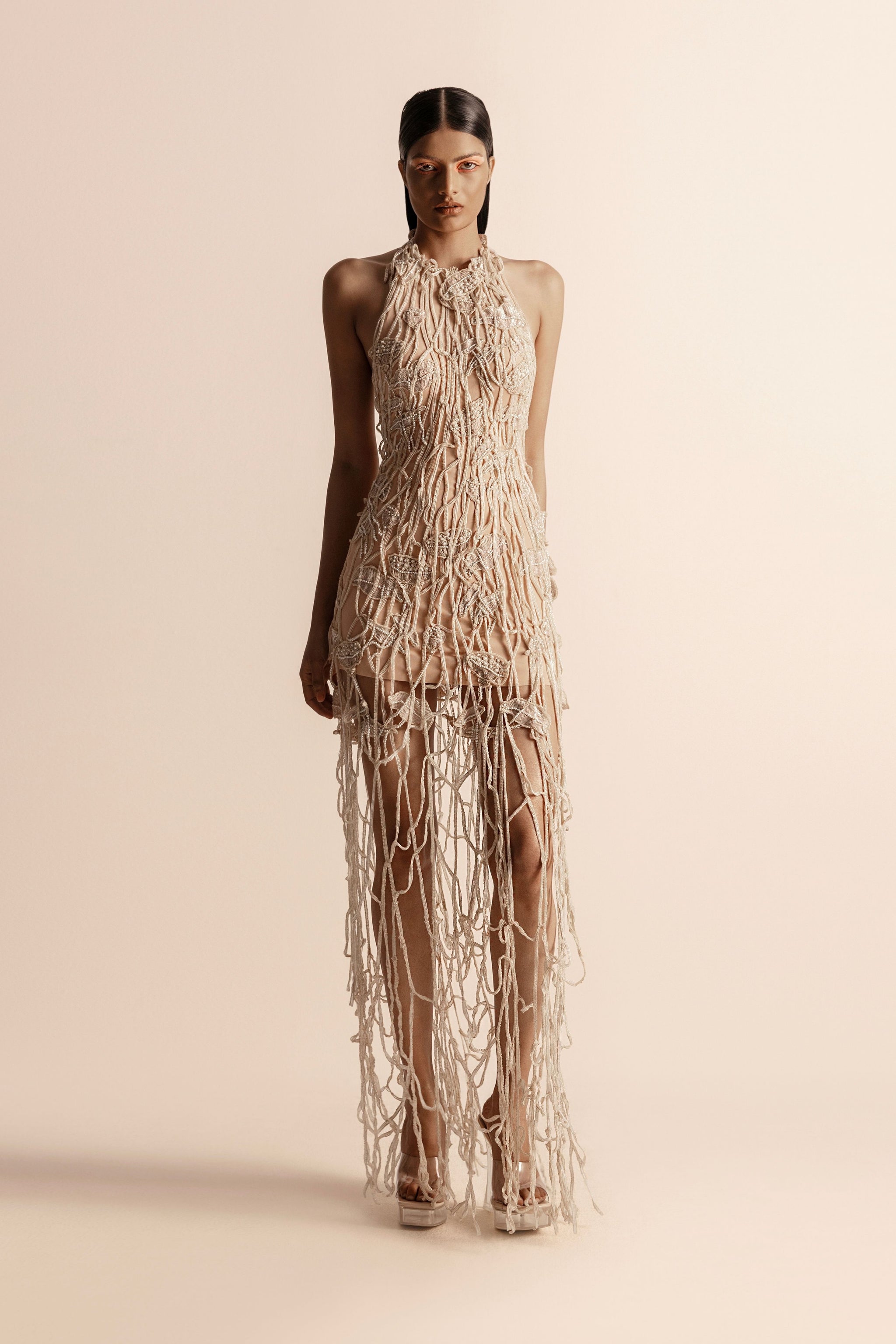 DRIP STRING HALTER NECK BACKLESS DRESS M / IVORY / POWER NET DRIP STRING HALTER NECK BACKLESS DRESS M / IVORY / POWER NET