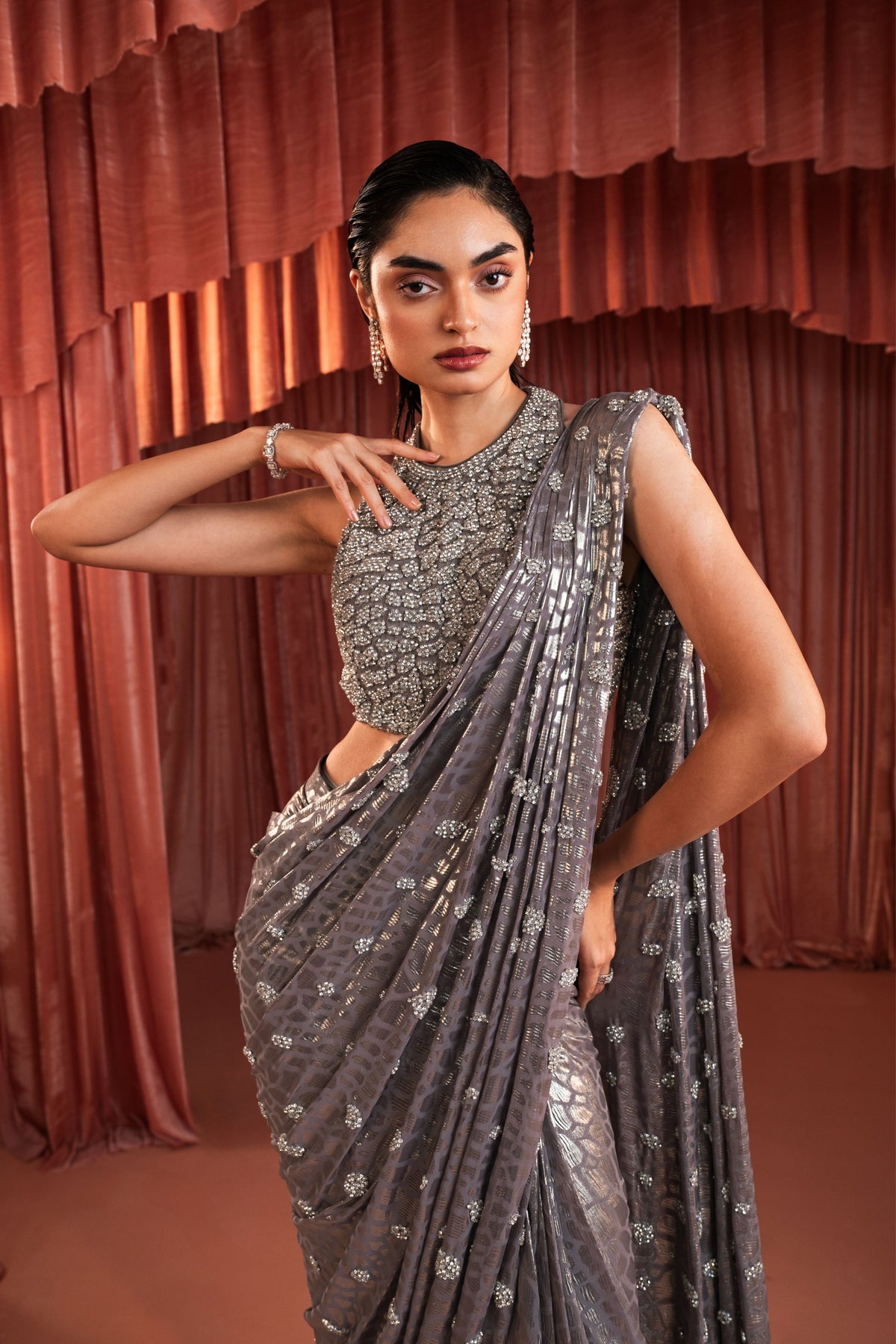 Metallic Grey Draped Saree Set