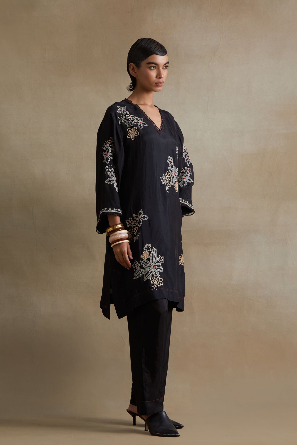 Black Floral Cutwork Tunic Set
