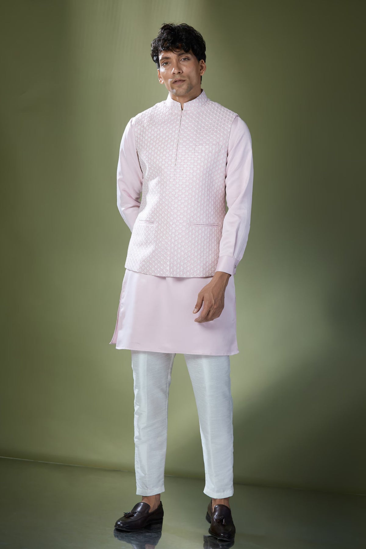 Baby Pink Embroidered Nehru Jacket Set