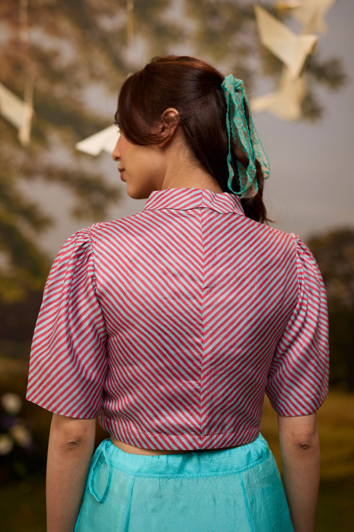 Dappled Red Blue Striped Blouse