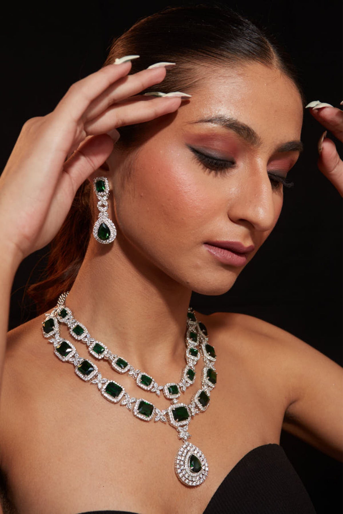Silver Plated Green Emerald Zircon Necklace Set