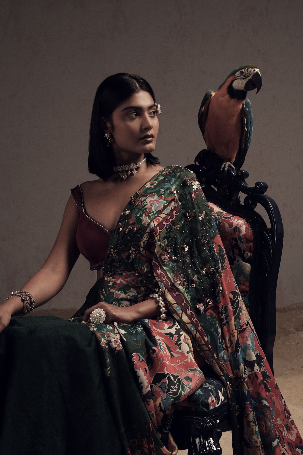 Green Draped Saree With Purple Blouse