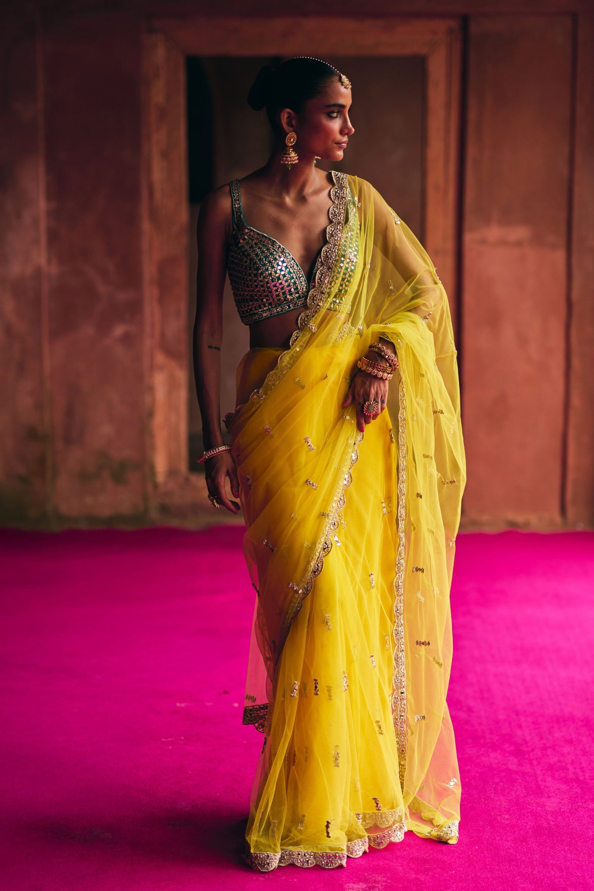 Yellow Net Saree Set