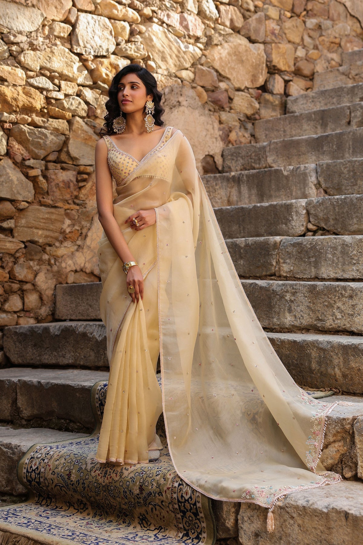 Vaayu Beige Multicolor Butti Saree Set