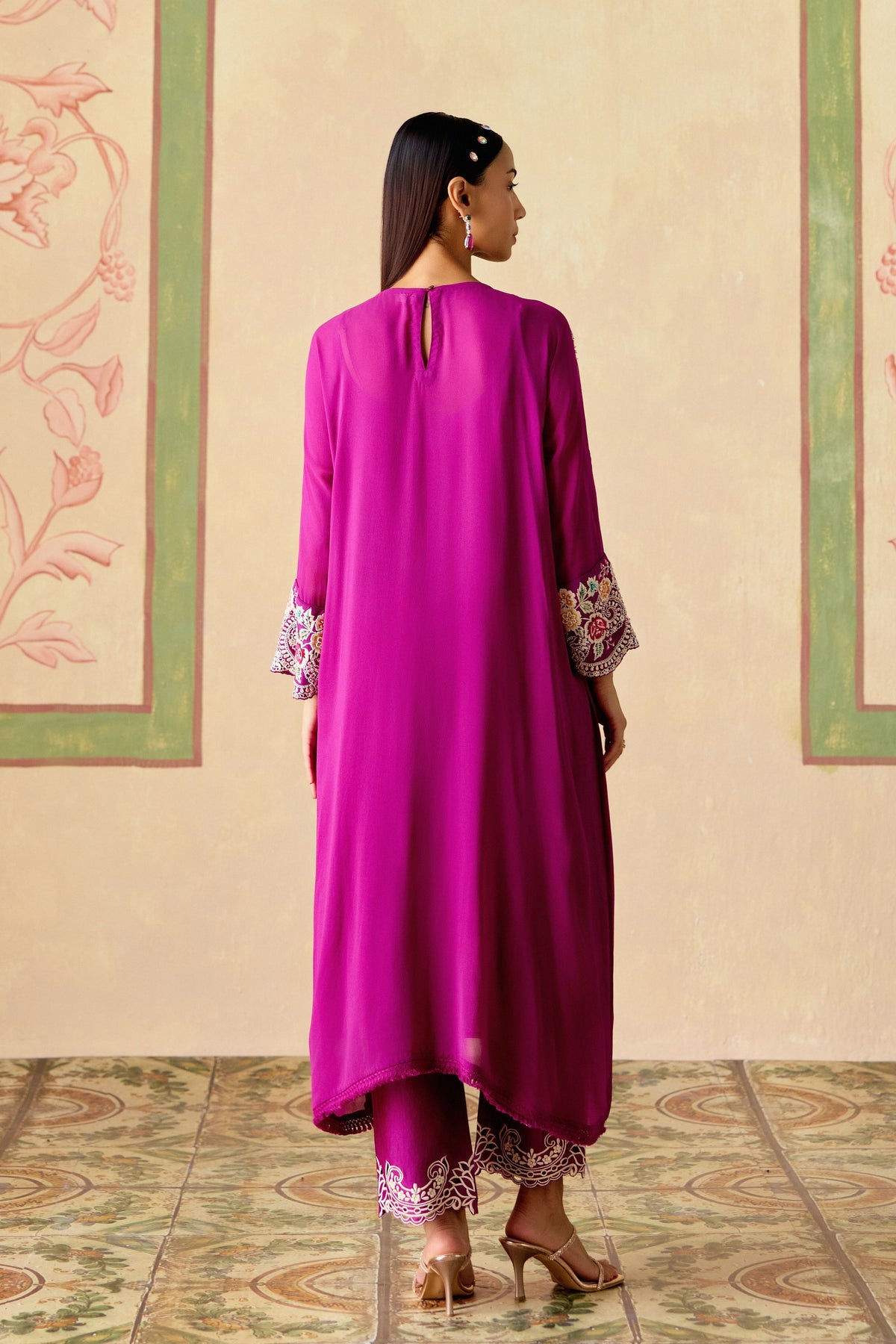 Purple  Embroidered Kimono Set