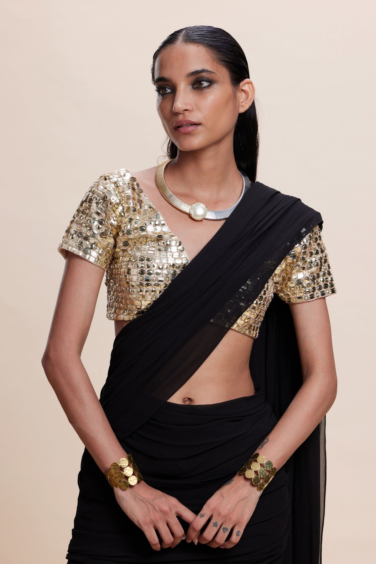 Black Ruffle Draped Saree Set