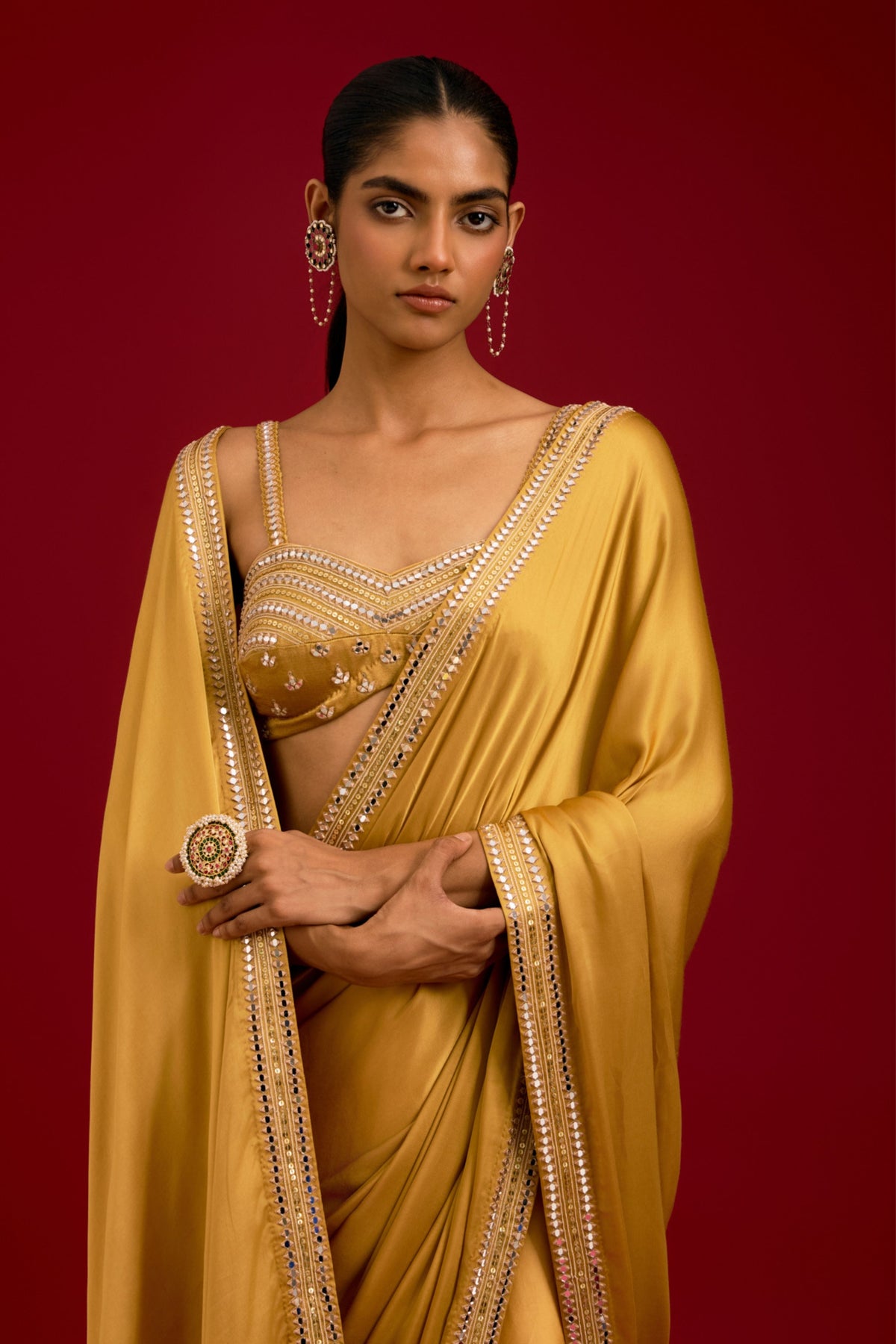 Mustard Embroidered Saree Set