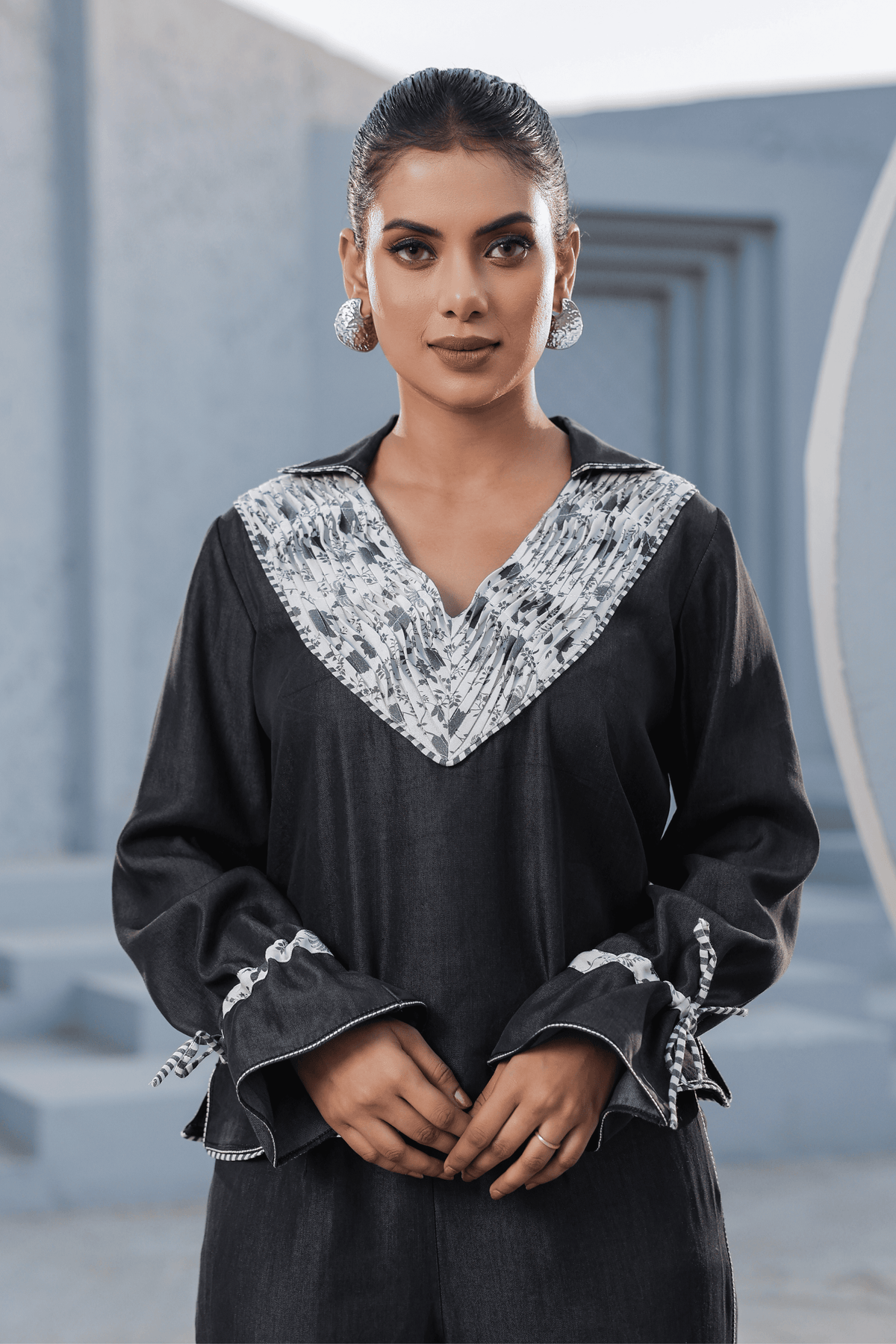Azure Pintuck V Neck Top in Black