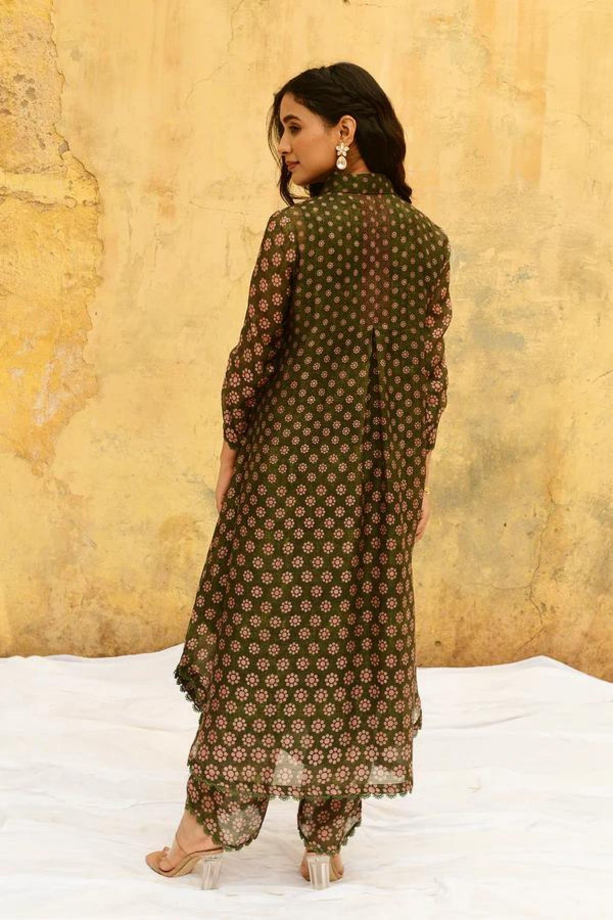 Green Cascade Collar Kurta Set