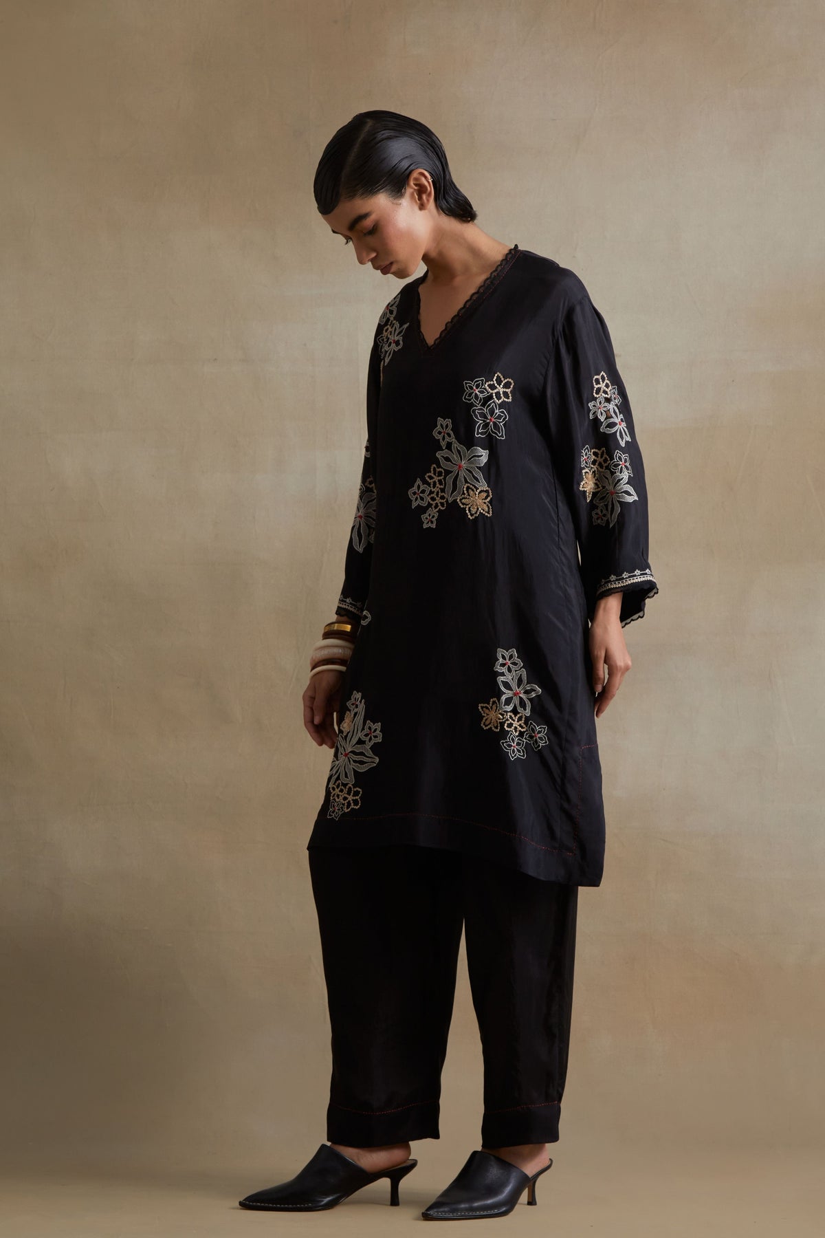 Black Floral Cutwork Tunic Set