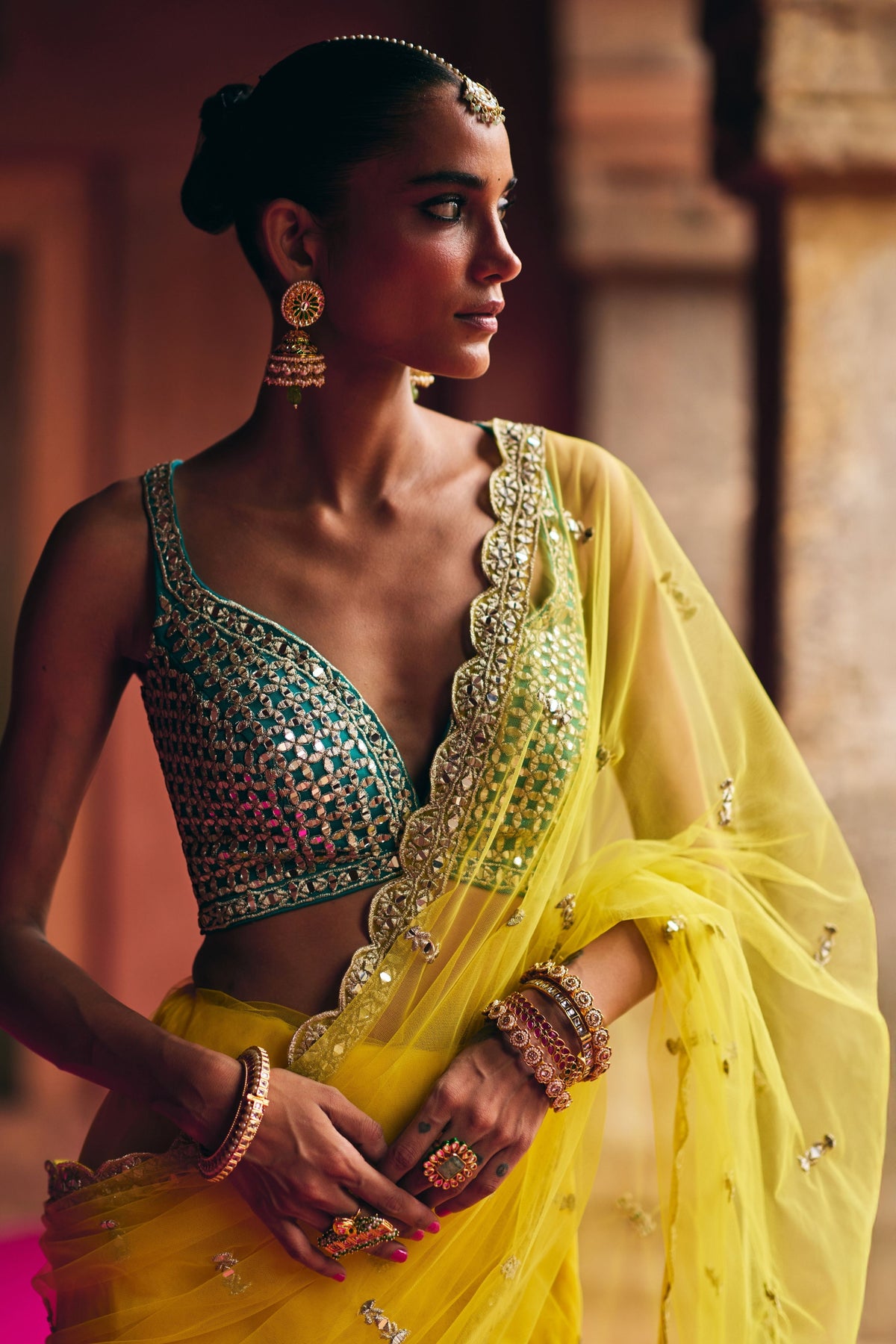 Yellow Net Saree Set