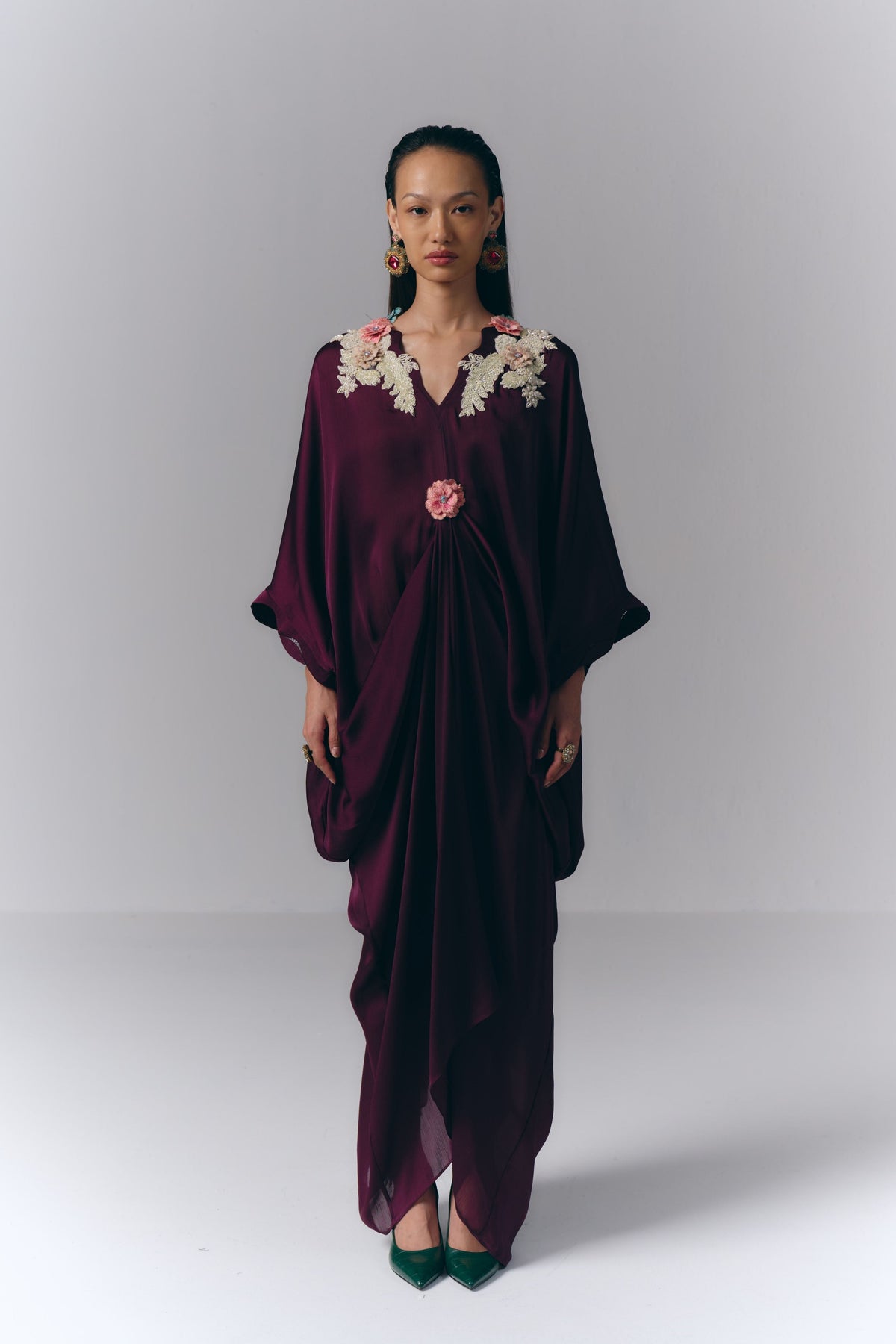 Purple Embroidered Draped Kaftan