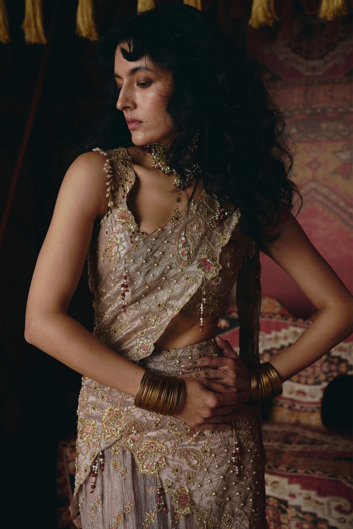 Rose Gold Drape Saree Set