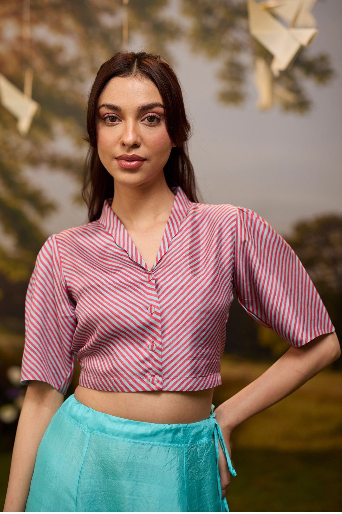 Dappled Red Blue Striped Blouse