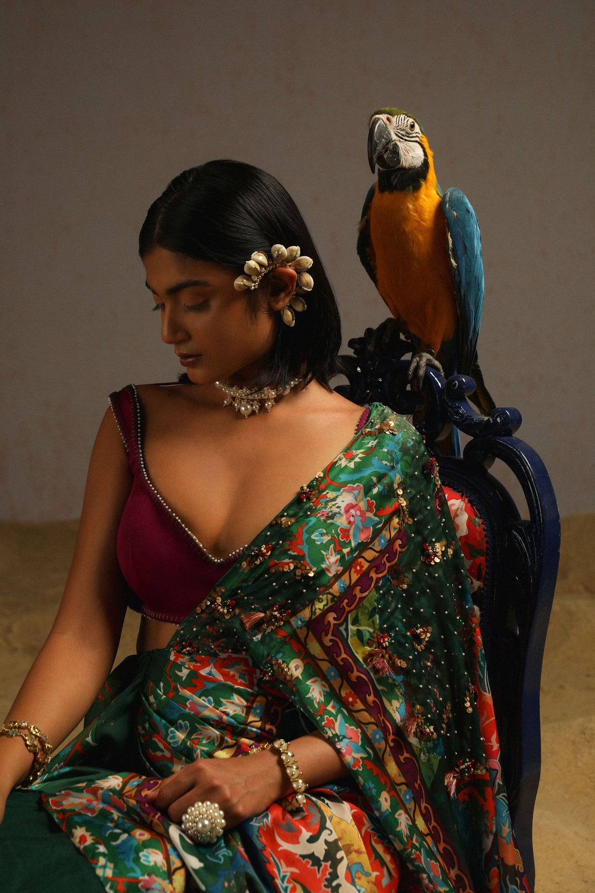 Green Draped Saree With Purple Blouse