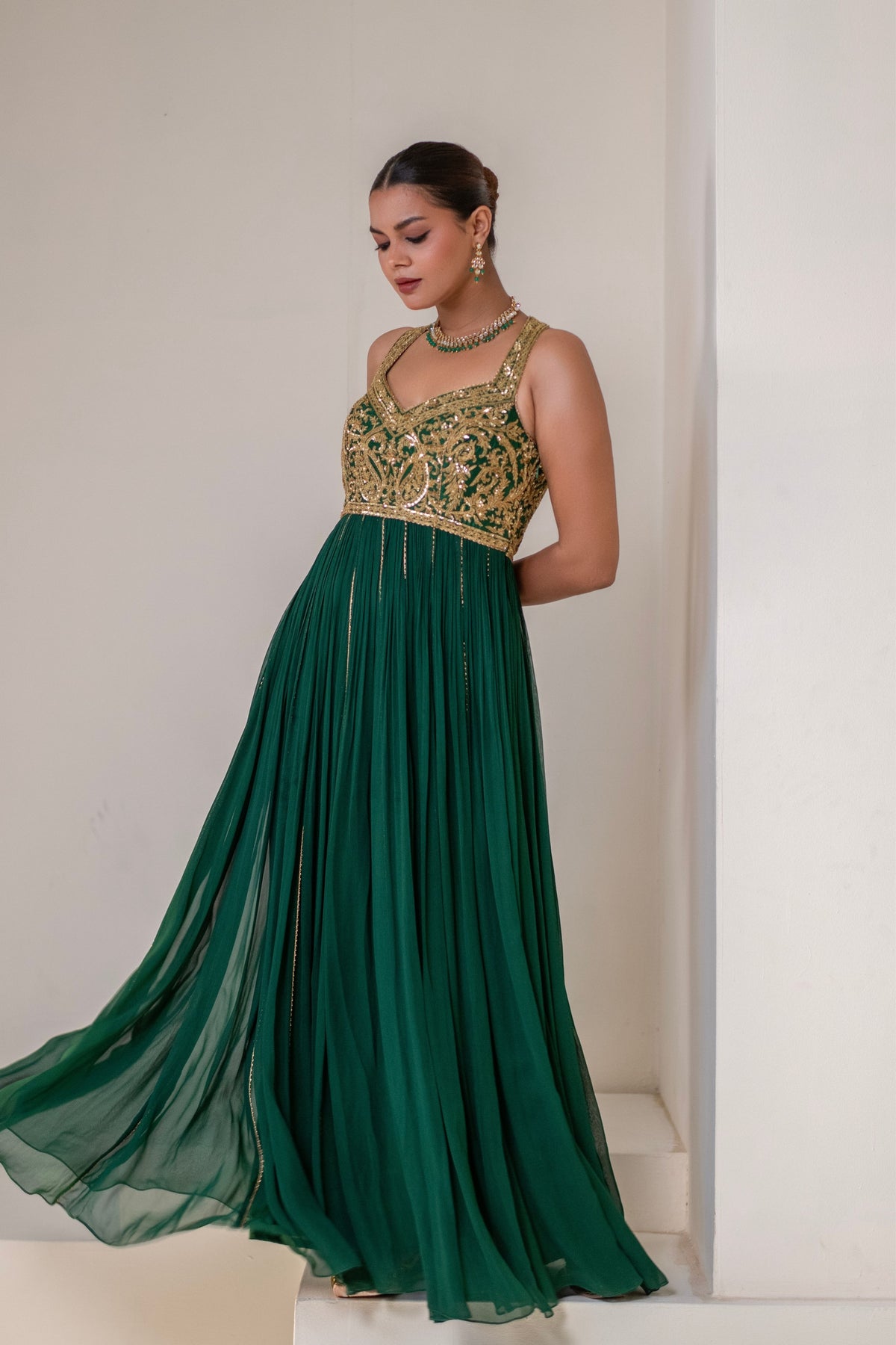 Emerald Green Sleeveless Embellished  Anarkali