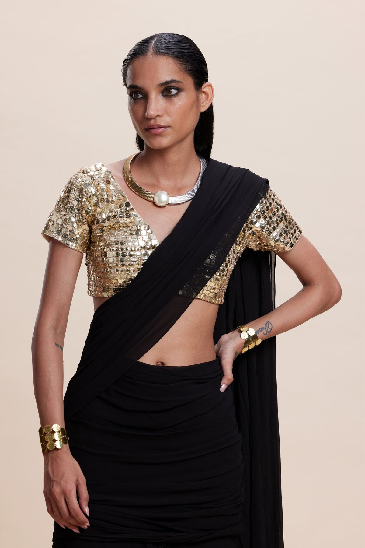 Black Ruffle Draped Saree Set