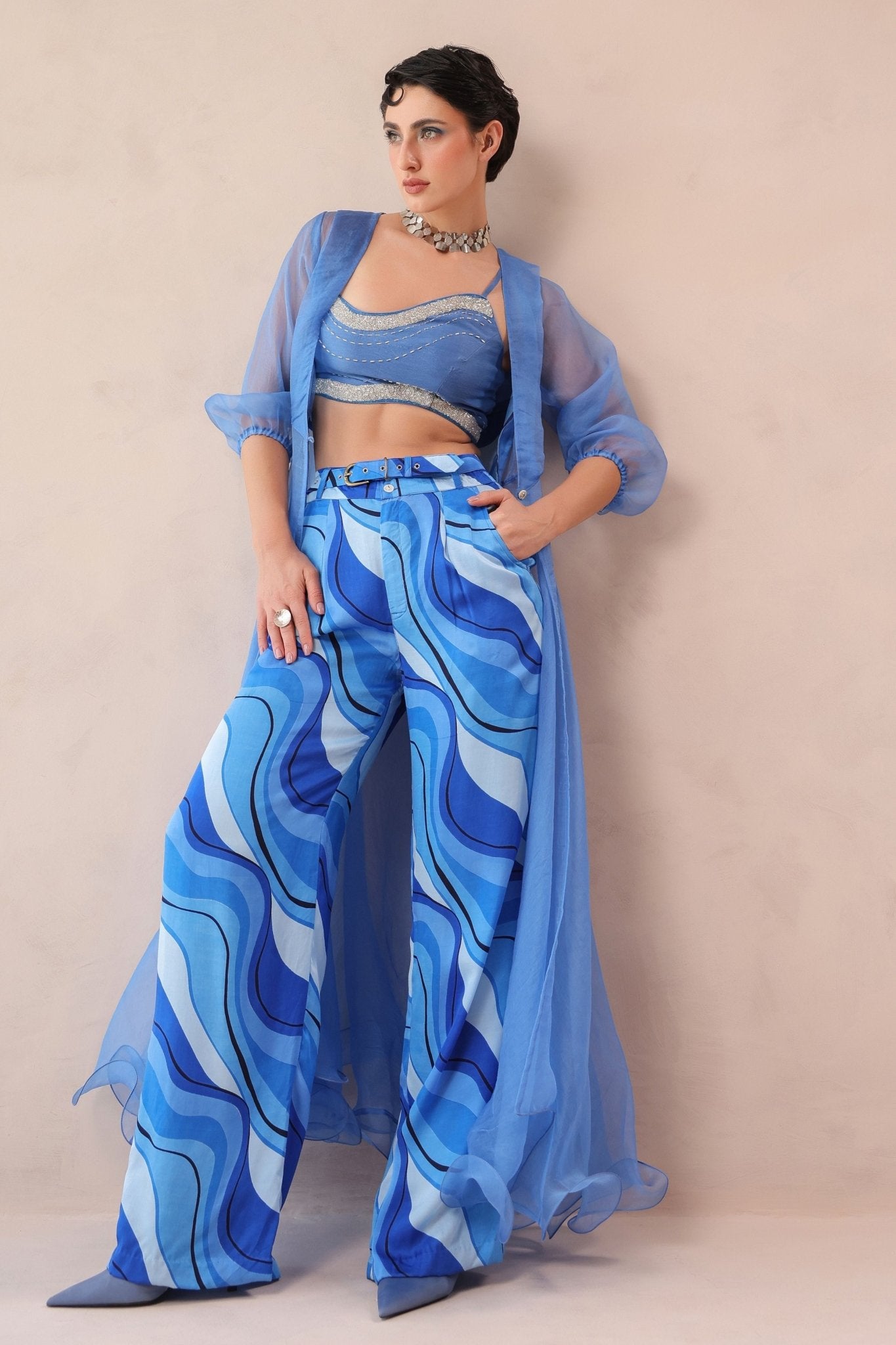 Ocean Blue Sheer Jacket Set - Pallavi Jaipur - Elahe