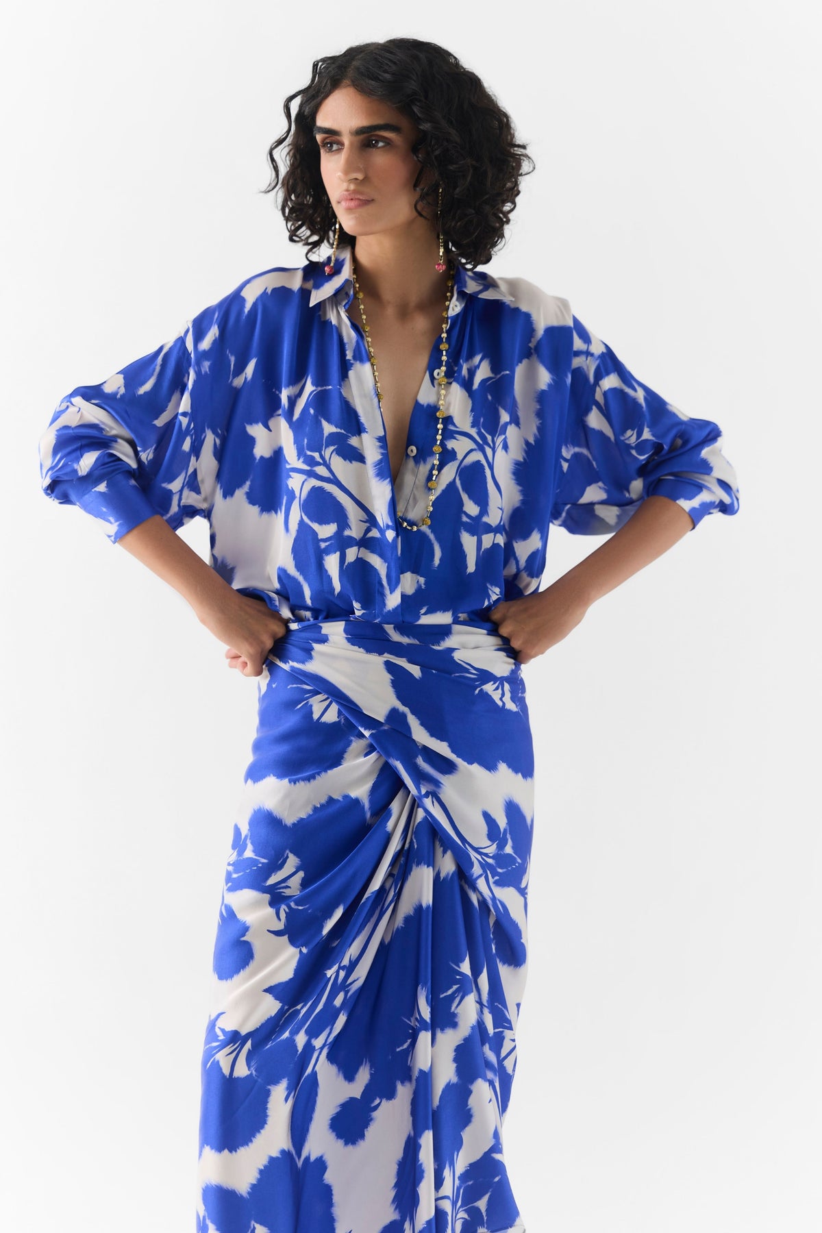Blue Ink Draped Shirt Dress