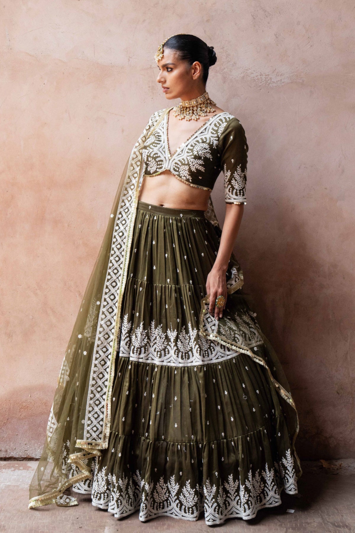 Olive Maharani Forest Lehenga Set