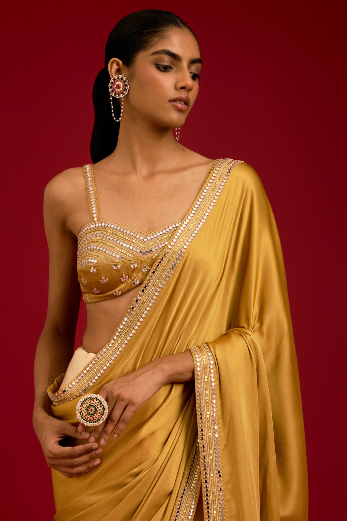 Mustard Embroidered Saree Set