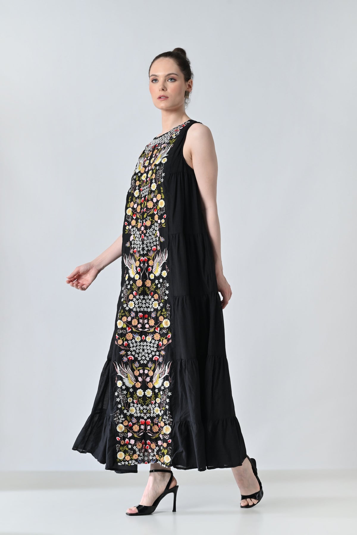 Black Embroidered Tiered Long Dress