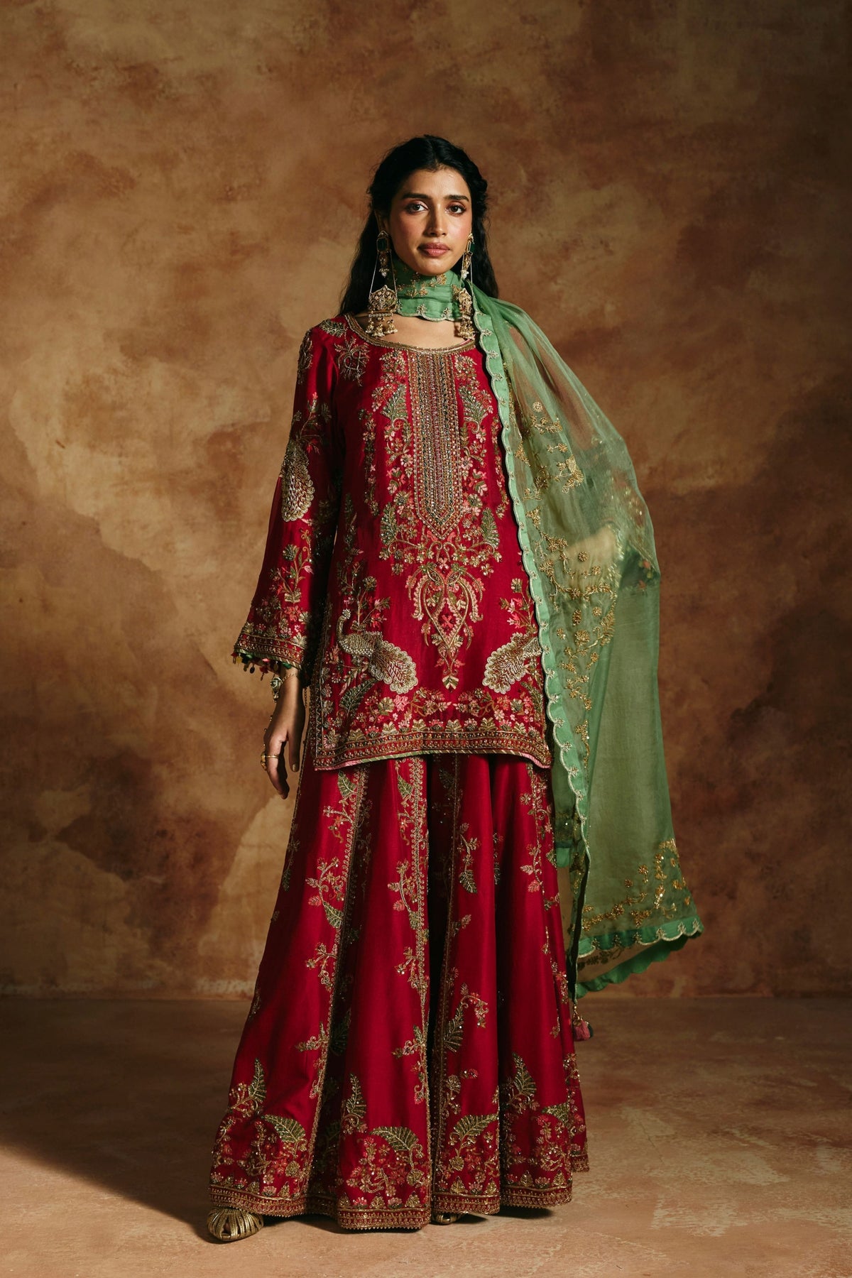 Red Multicoloured Sindh Sharara Set