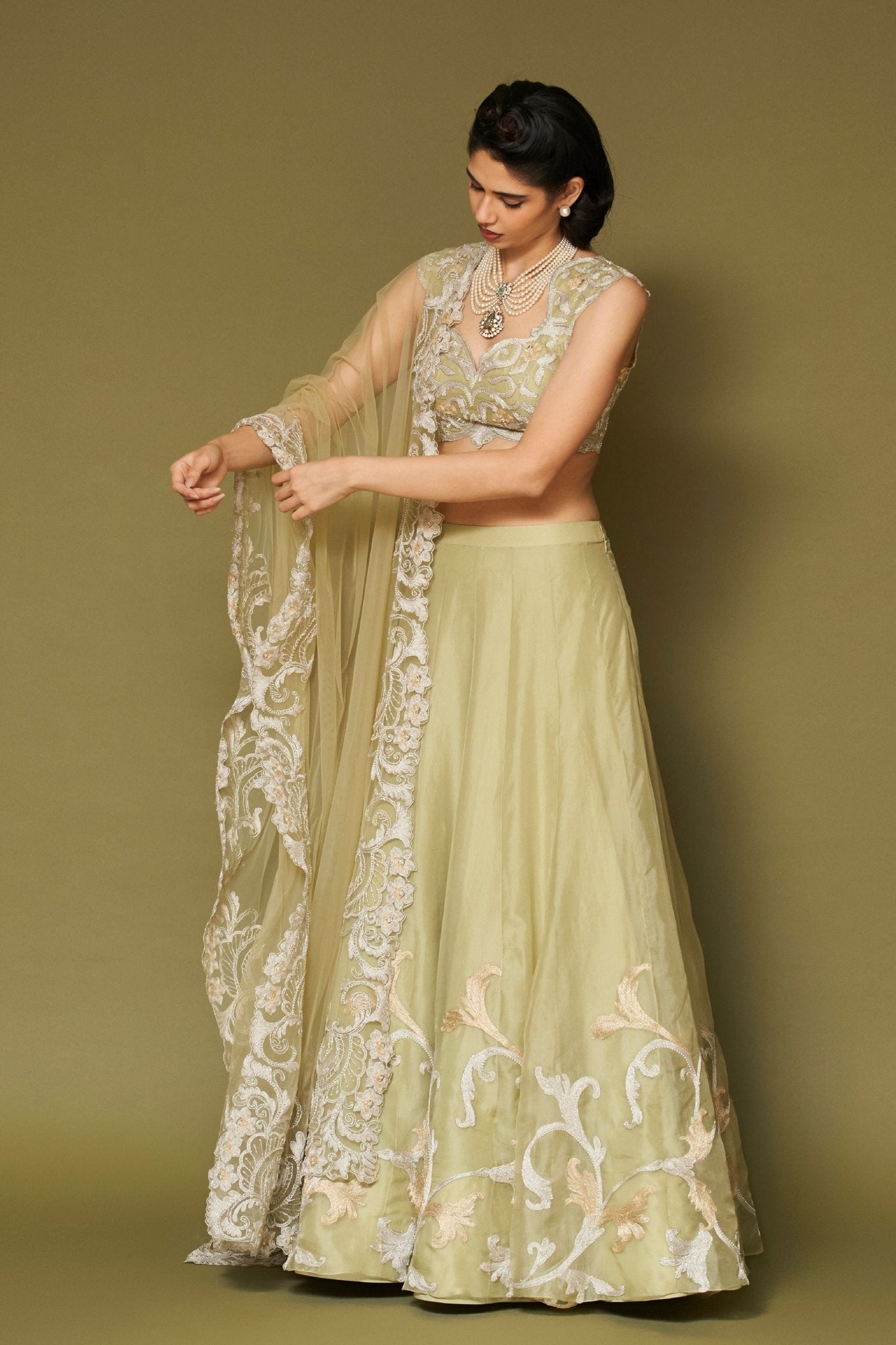 Pistachio Embroidered Lehenga Set - Devnaagri - Elahe