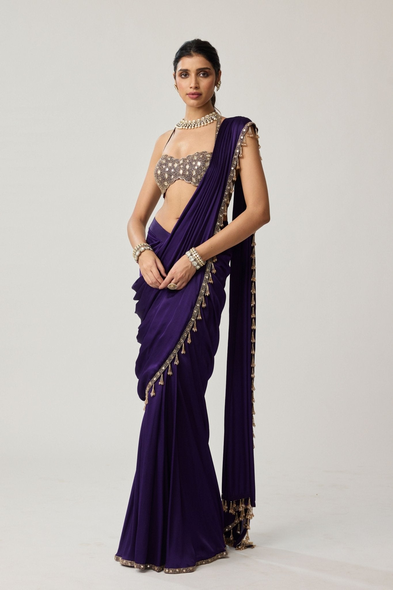Royalty Purple Draped Saree Set - Vvani by Vani Vats - Elahe