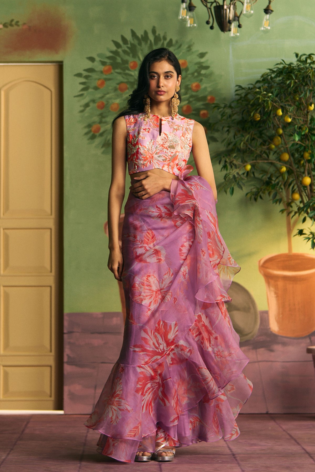 Lavender Ruffle Draped Saree Set