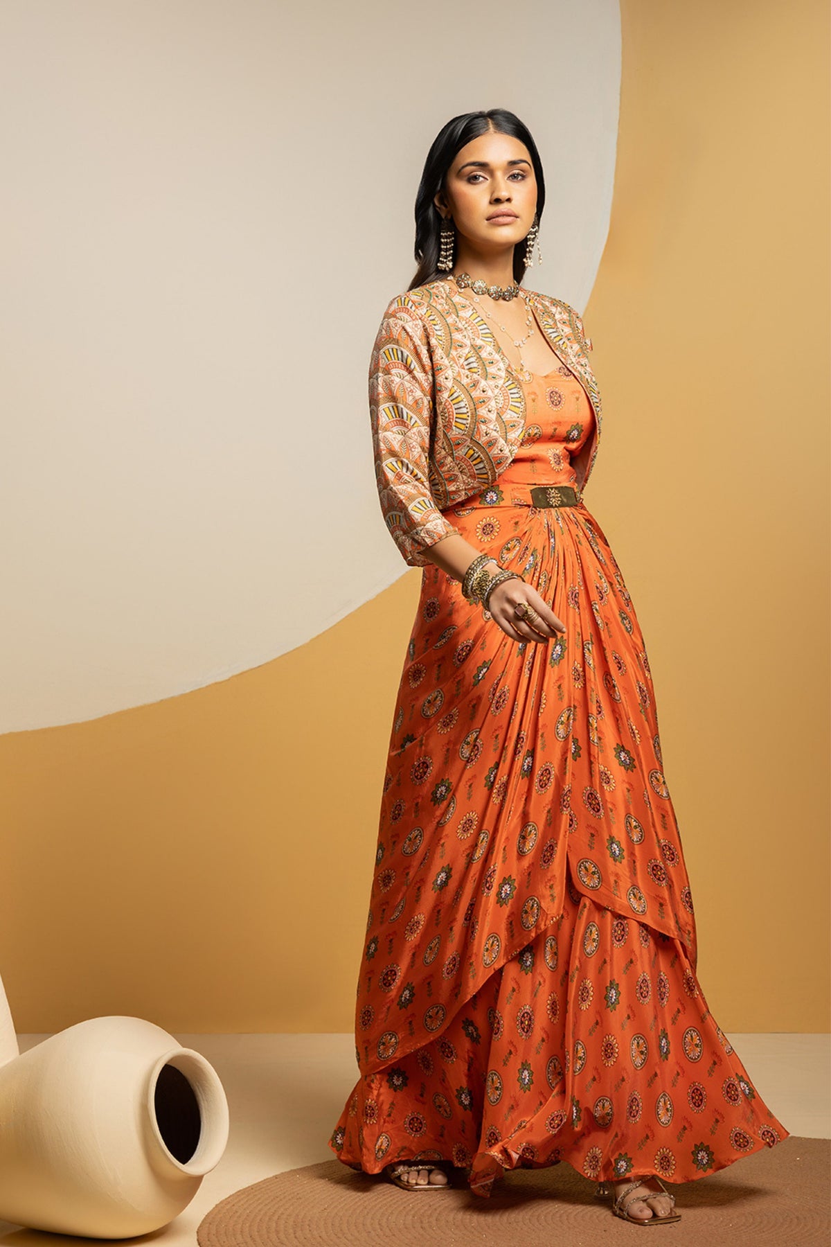 Rust Printed Drape Dress Set