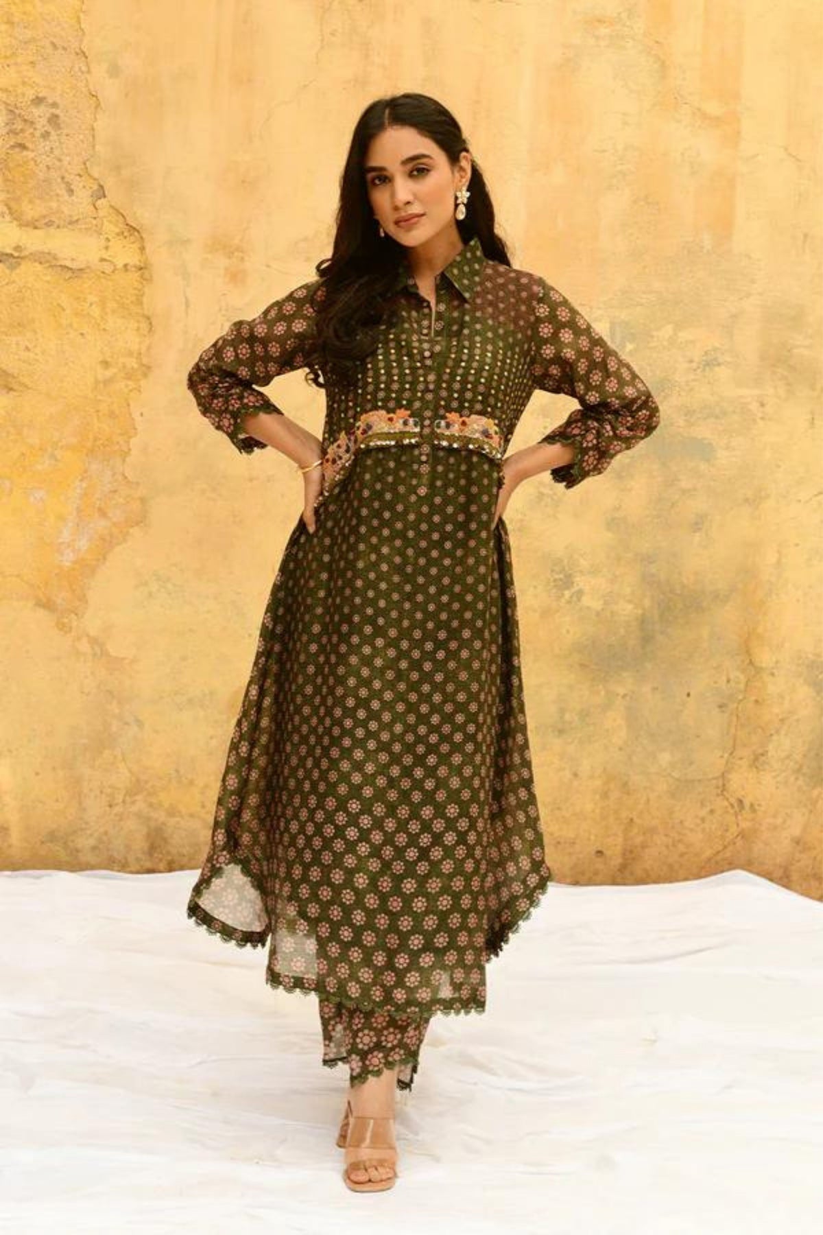 Green Cascade Collar Kurta Set