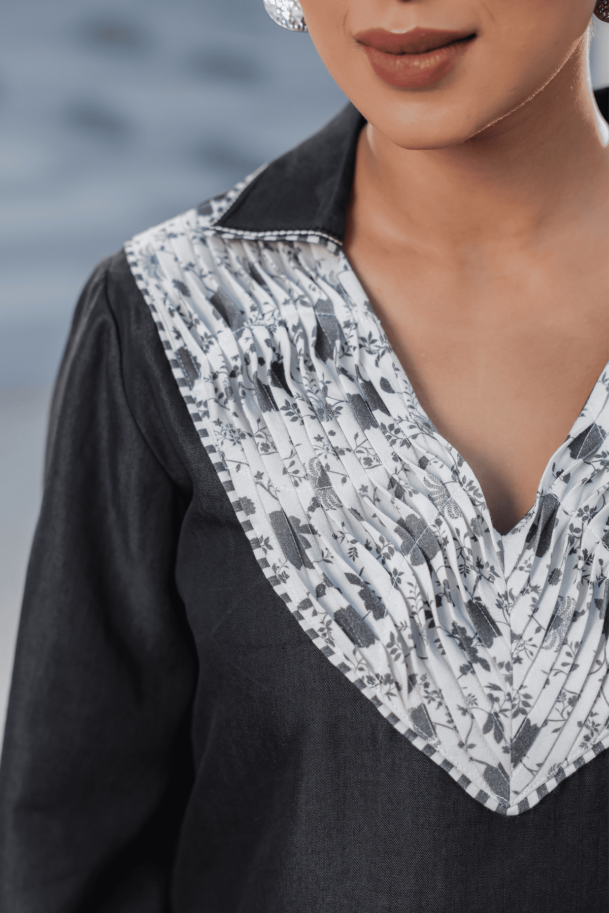 Azure Pintuck V Neck Top in Black