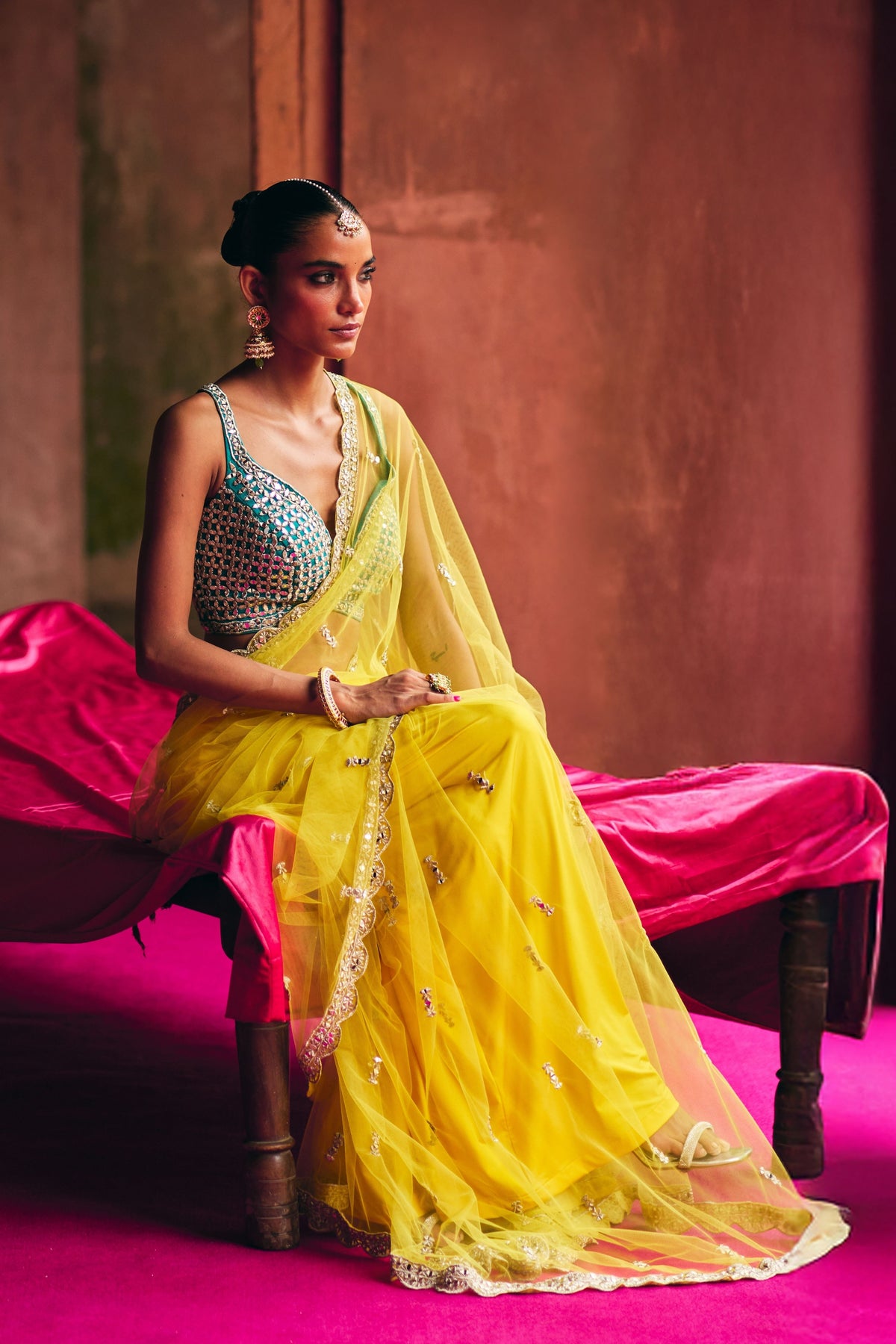 Yellow Net Saree Set